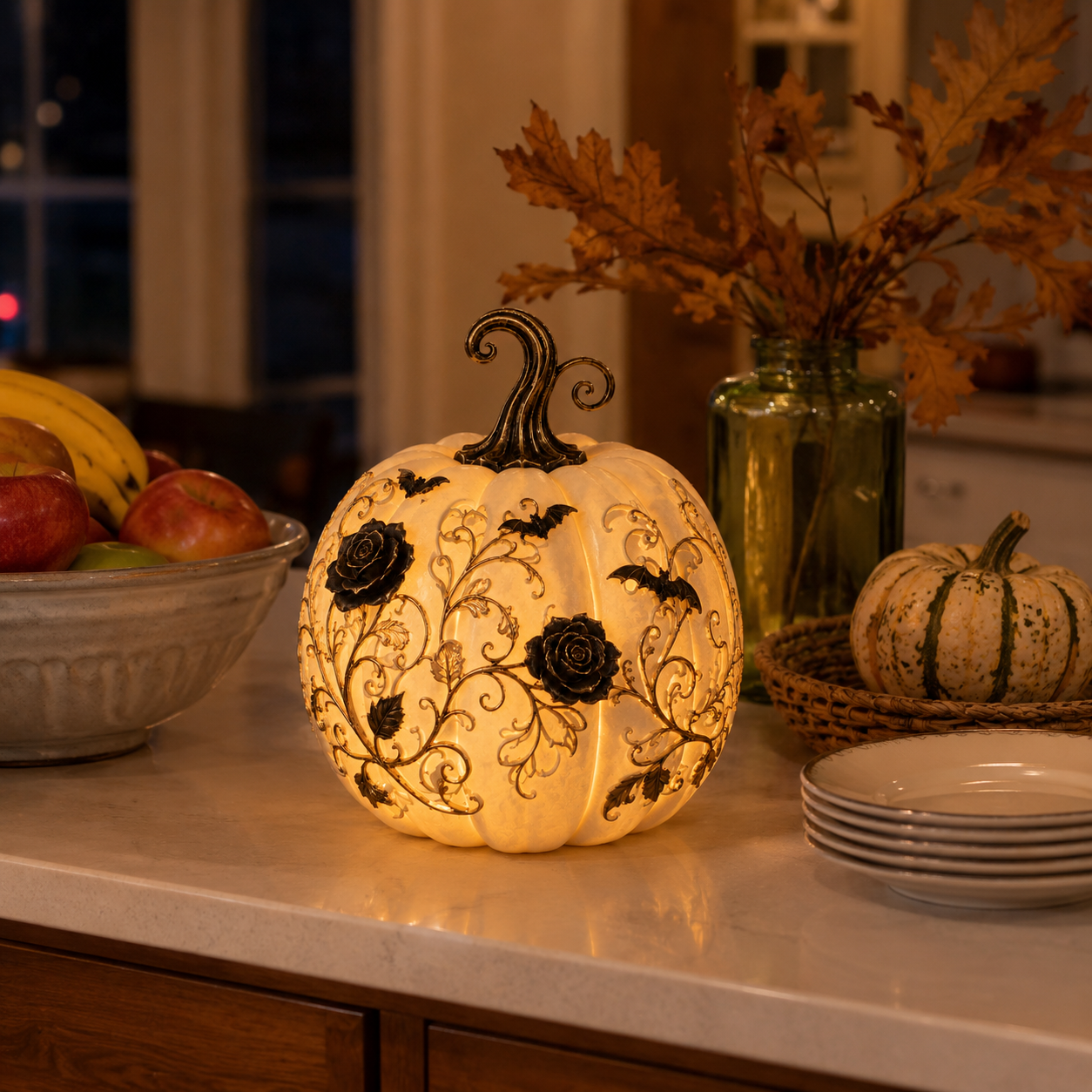 Gothic Rose Pumpkin Light – Remote-Controlled Halloween Resin Tabletop Décor 🦇
