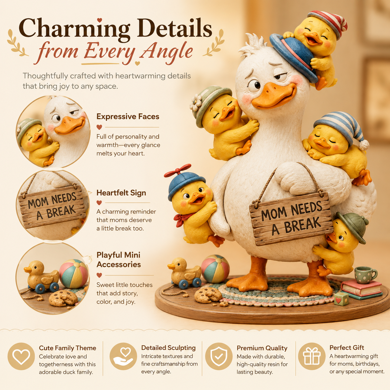 “Mom Needs a Break” Mama Duck & Five Ducklings Resin Figurine – Funny Family Tabletop Decor 💛