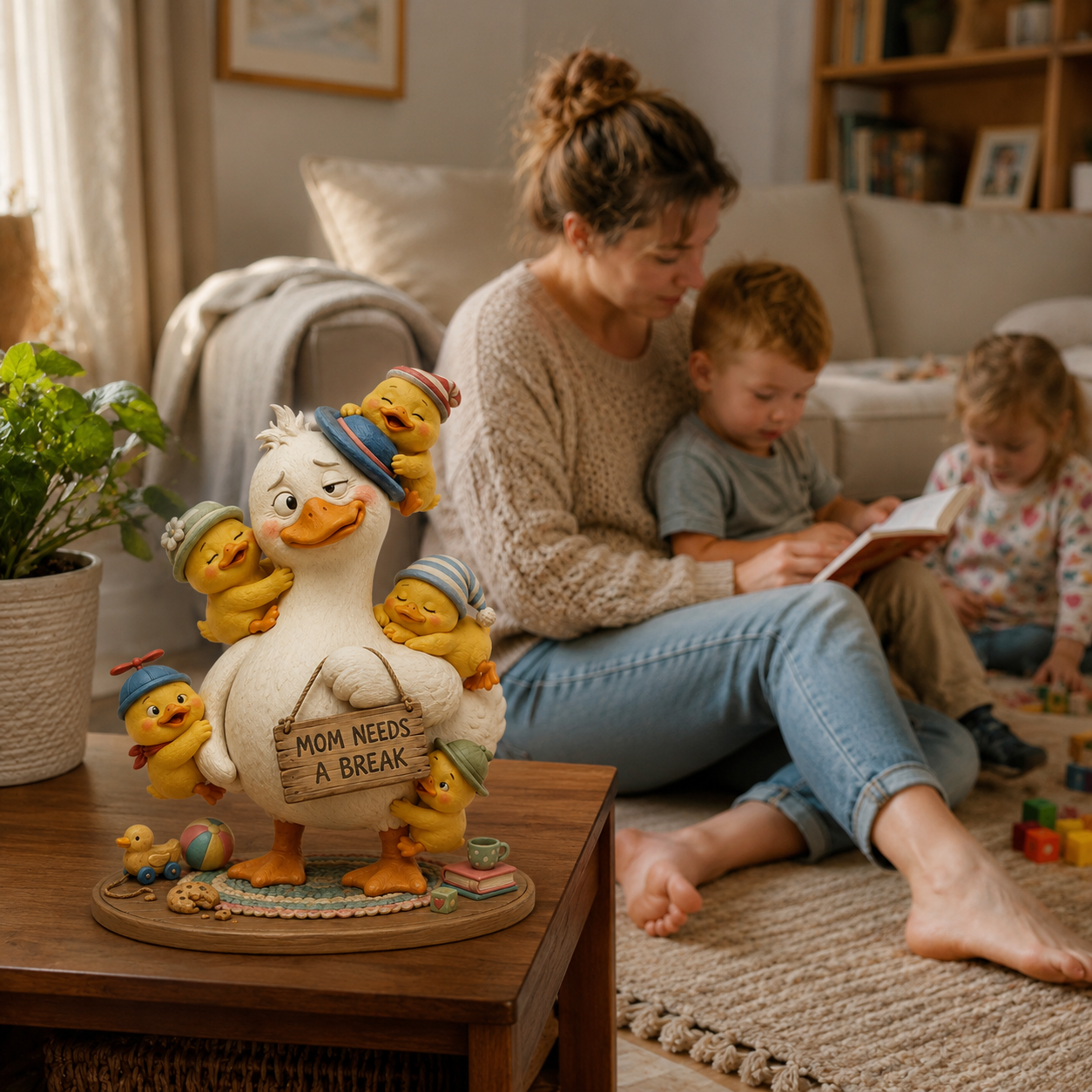 “Mom Needs a Break” Mama Duck & Five Ducklings Resin Figurine – Funny Family Tabletop Decor 💛