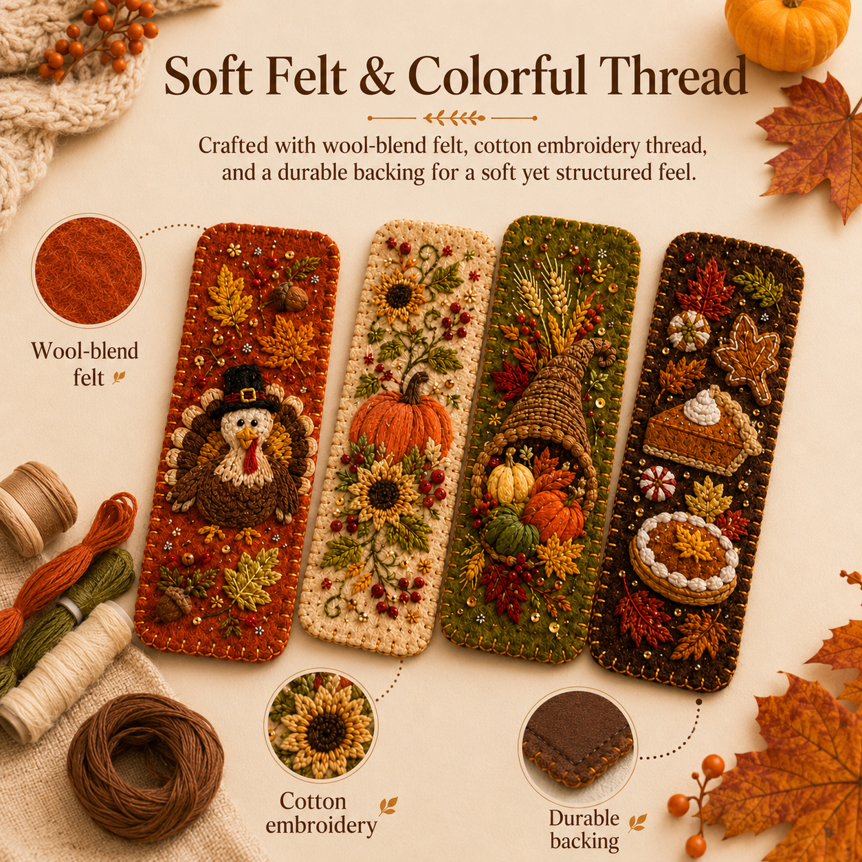 Thanksgiving Embroidered Felt Bookmarks🍁