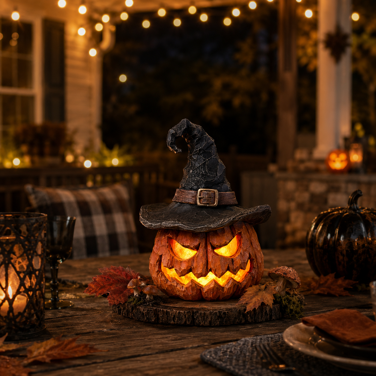 🎃 Light-Up Witch Hat Pumpkin Decoration – Remote-Controlled Halloween Resin Jack-O’-Lantern with LED Glow