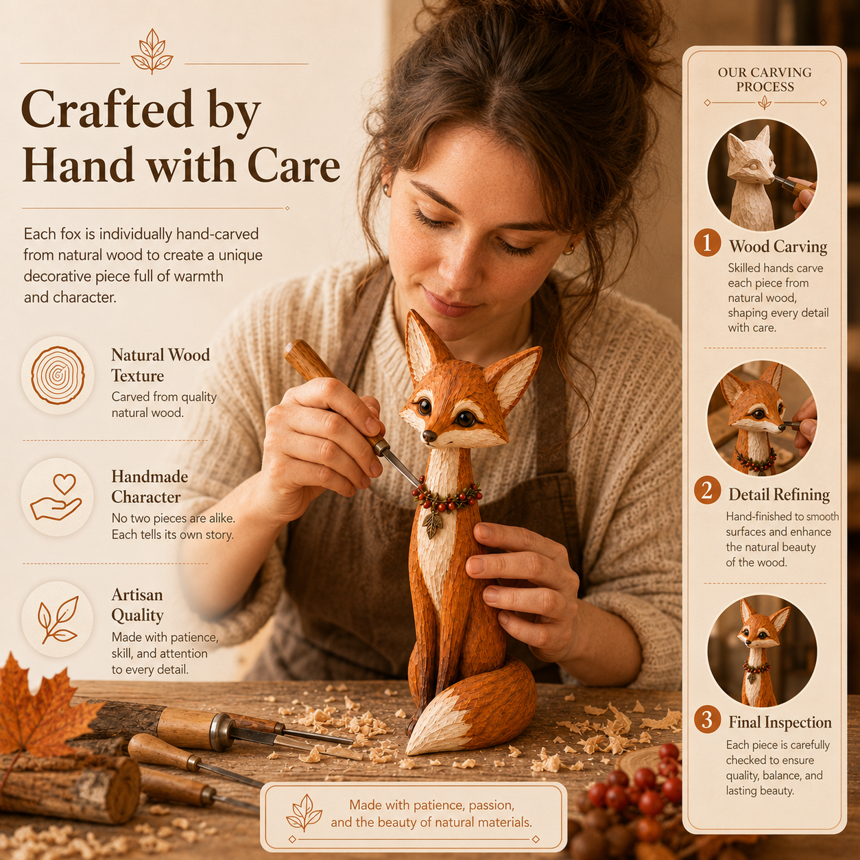 Hand-Carved Wooden Fox Figurine – 11.8-Inch Slim Woodland Tabletop Décor 🍂