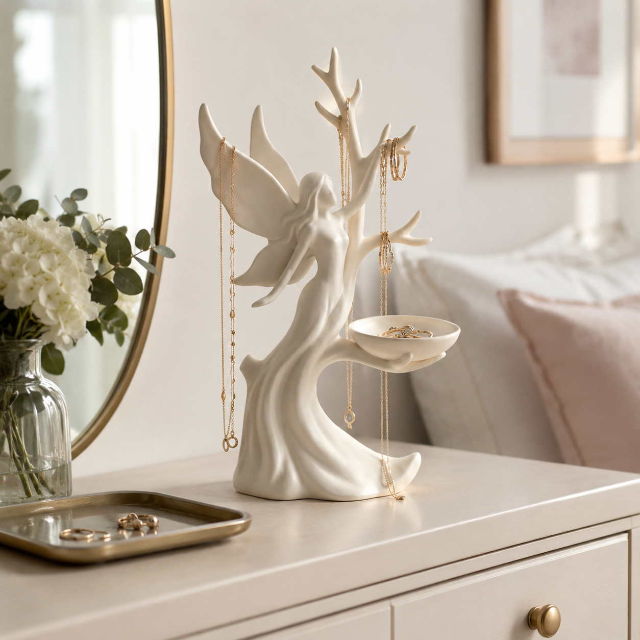 Angel Jewelry Holder Stand, Decorative Jewelry Organizer Tree with Tray for Necklaces, Rings, Earrings and Bracelets, Vanity Dresser Display for Women and Girls