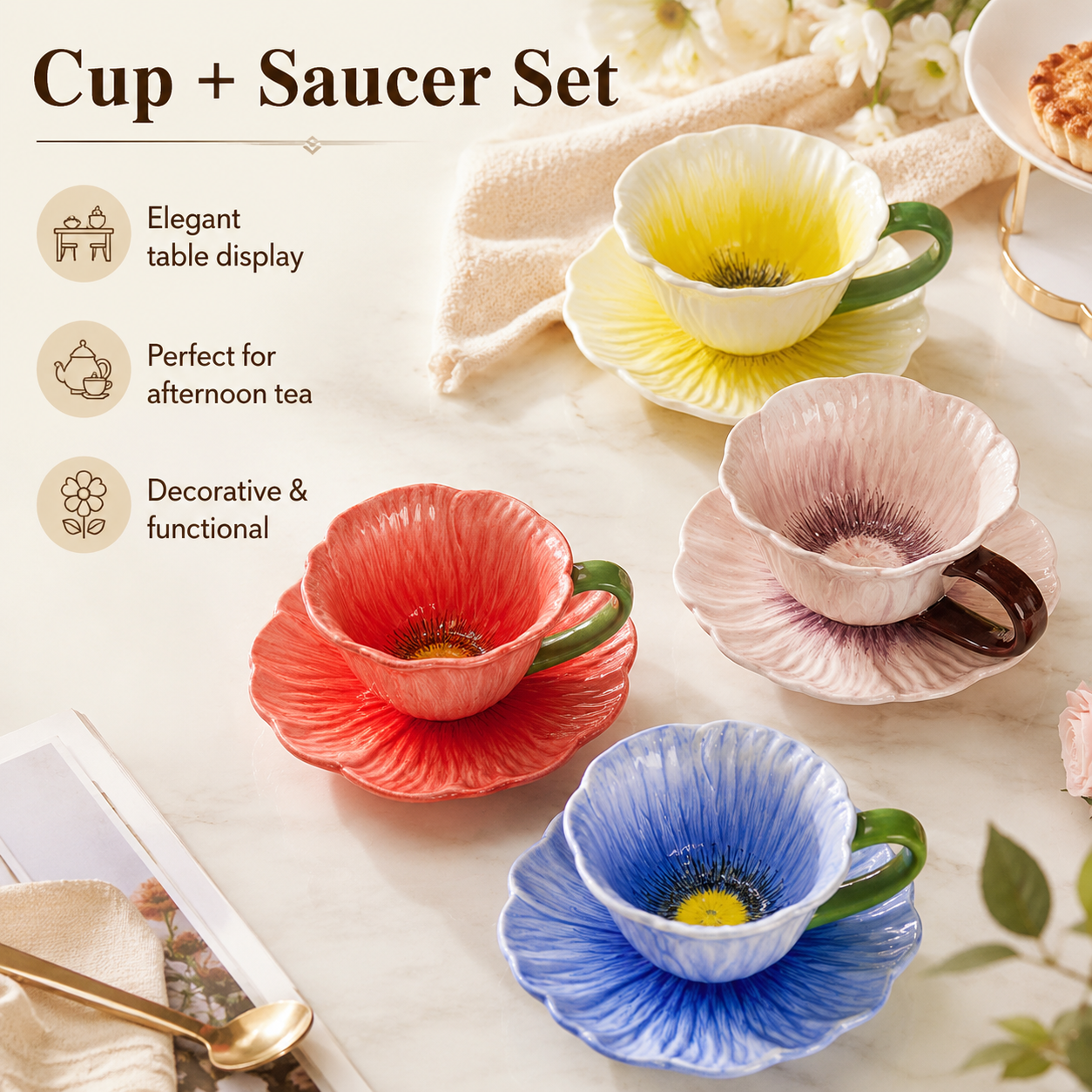 Poppy Flower Shaped Ceramic Coffee Cup and Saucer Set, 10 oz Floral Tea Cup with Matching Plate, Handmade Style Flower Mug for Coffee, Tea, Latte, Cappuccino, Home Decor and Gift