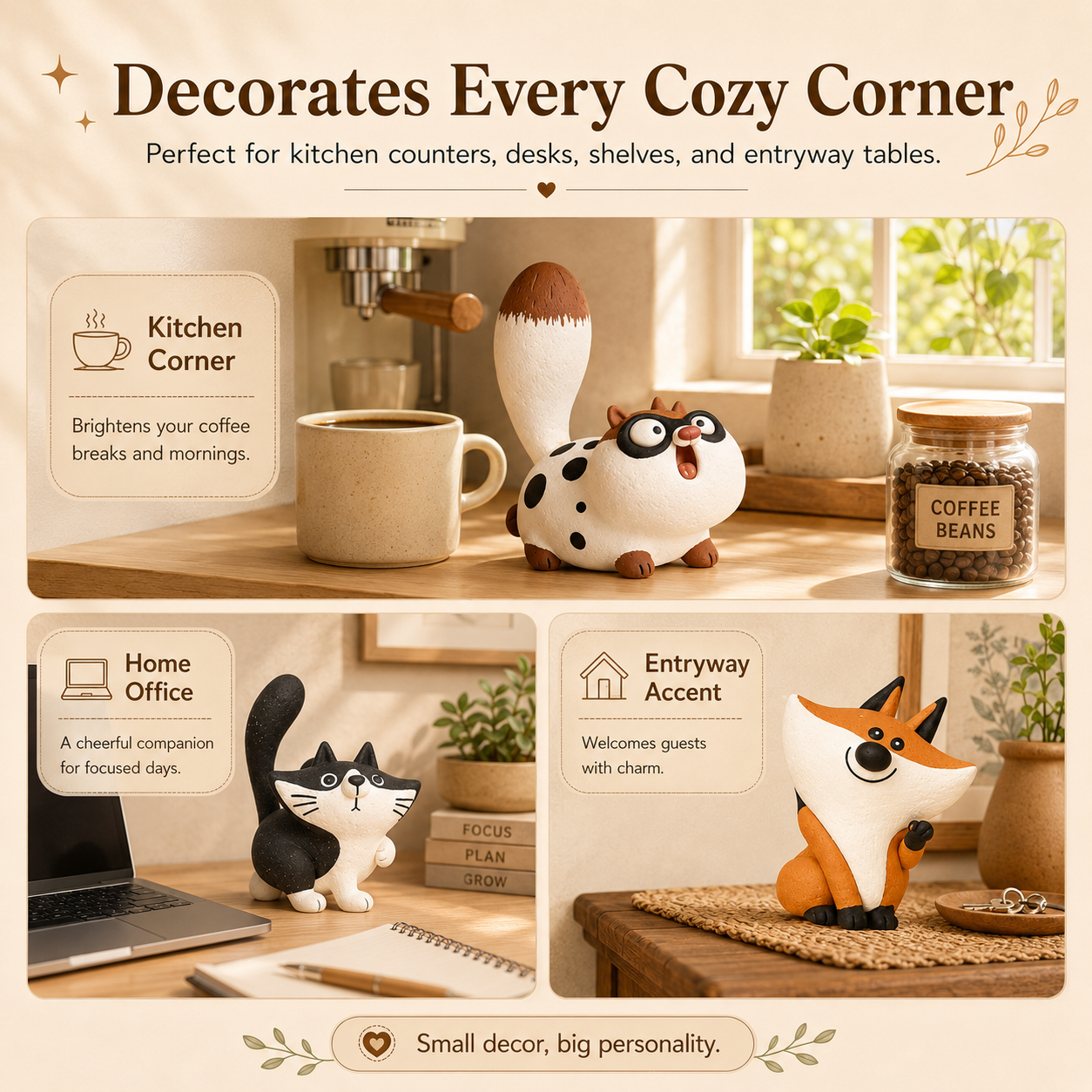 Three Adorable Characters in One Coordinated Set for a Complete and Cheerful Home Display 🐱🦊✨