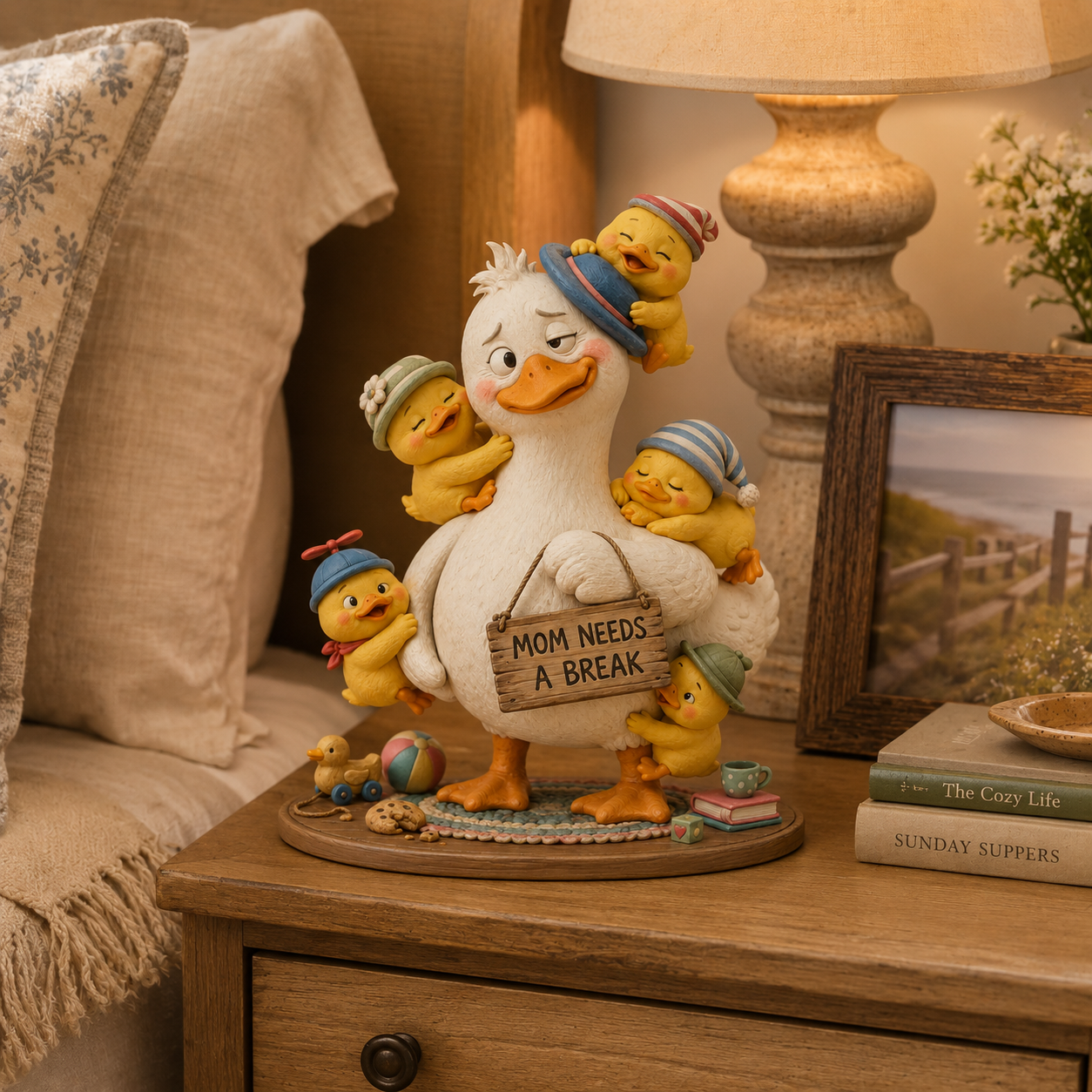 “Mom Needs a Break” Mama Duck & Five Ducklings Resin Figurine – Funny Family Tabletop Decor 💛