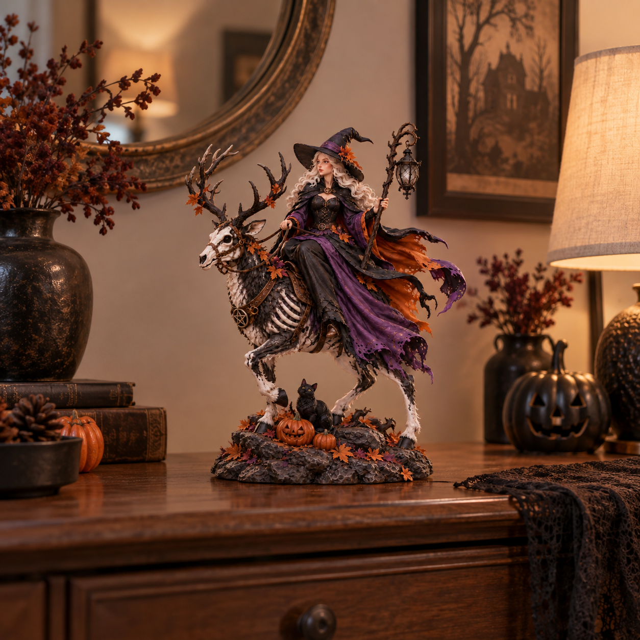 🎃Halloween Witch Riding Skeleton Deer Resin Figurine