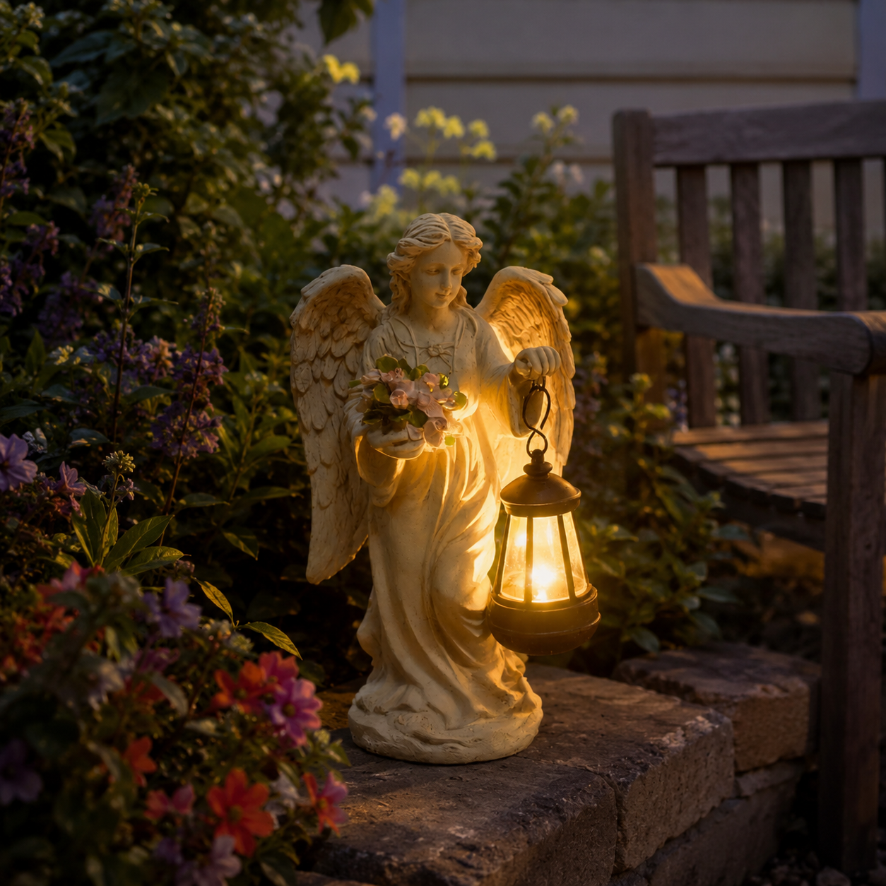 Lighted Angel Garden Statue with Lantern, Outdoor Angel Figurine Decor, Memorial Solar-Style Garden Ornament for Patio, Yard, Pathway and Home Decoration