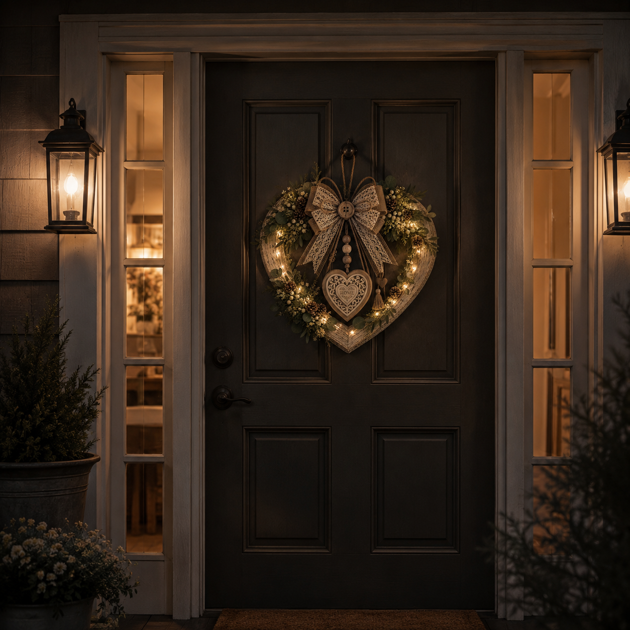 Lighted Rustic Heart-Shaped Door Wreath – Farmhouse Eucalyptus Home Décor 💚✨