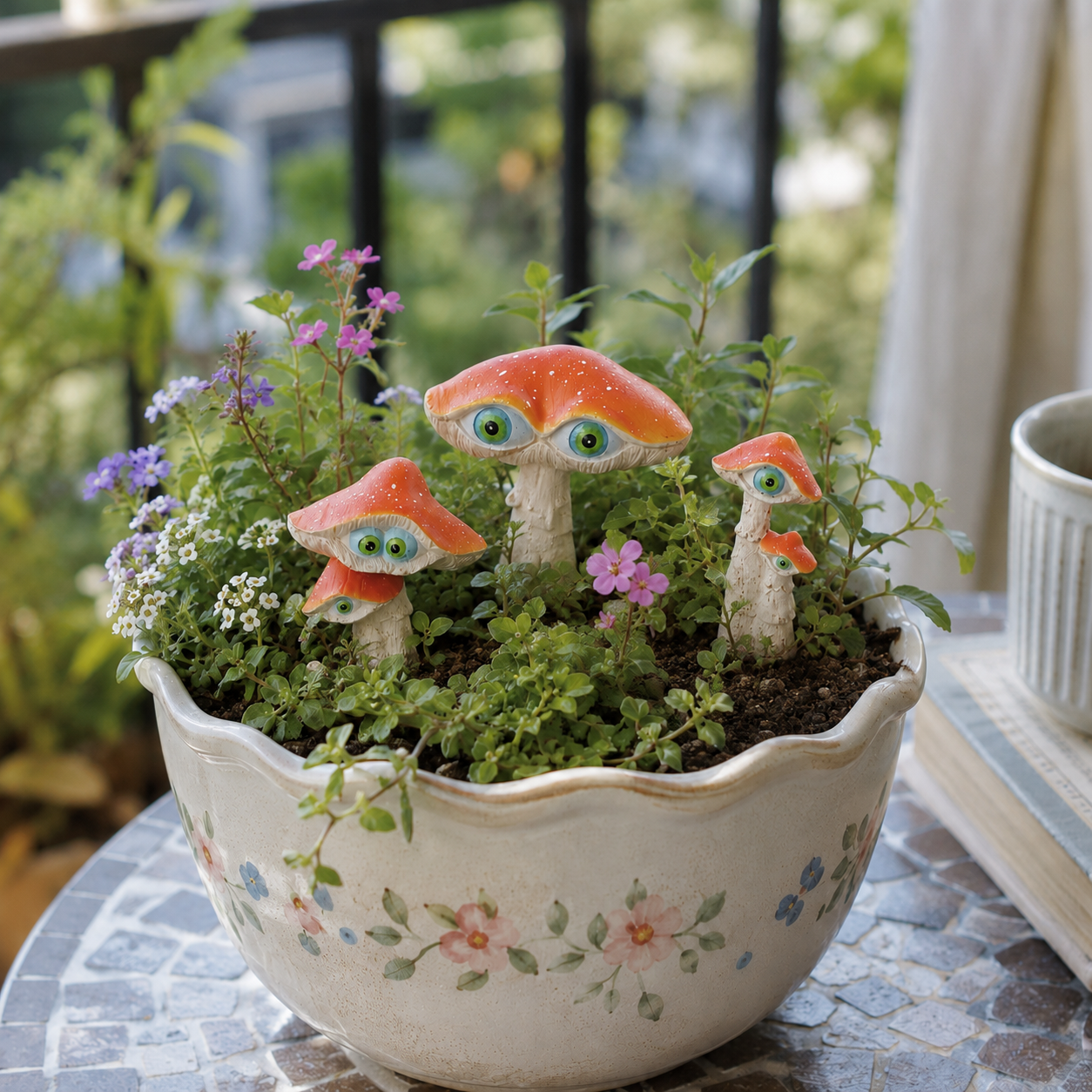 3-Piece Big-Eyed Mushroom Resin Garden Stakes – Whimsical Fairy Garden Decorations