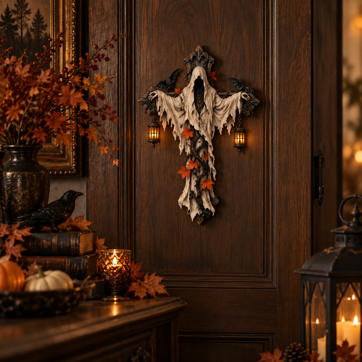 Lighted Halloween Ghost Cross Wall Decor
