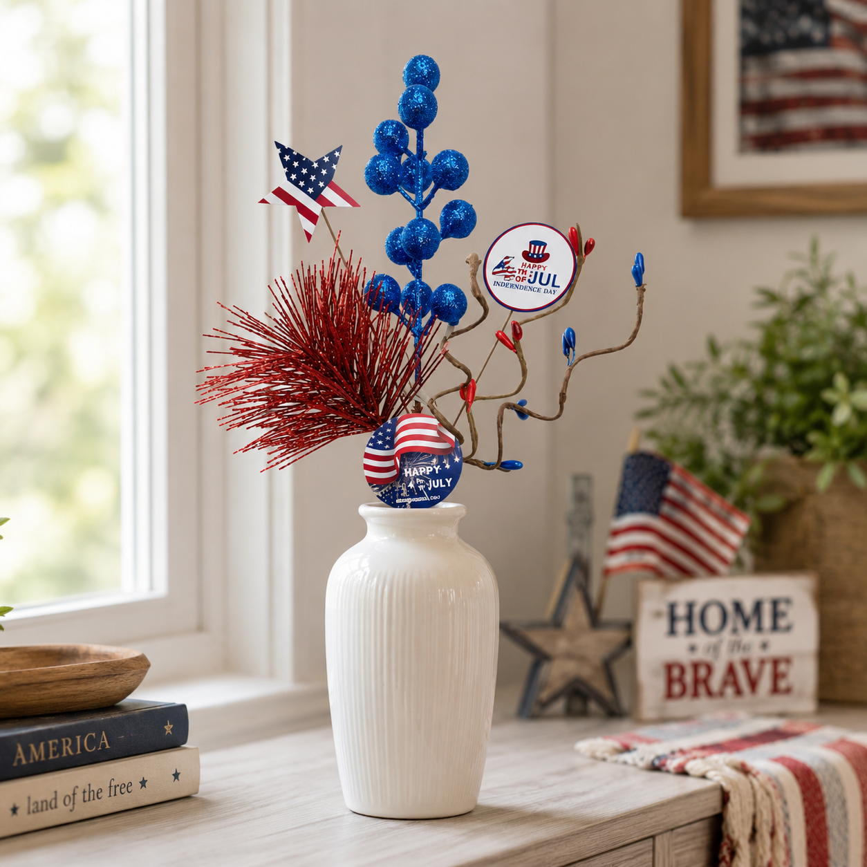 Patriotic 4th of July Decorative Flower Pick – 10-Flower Bundle, Red, White & Blue Glitter Berry & Star Accents for Garden, Floral Arrangements, Wreaths & Holiday Decor