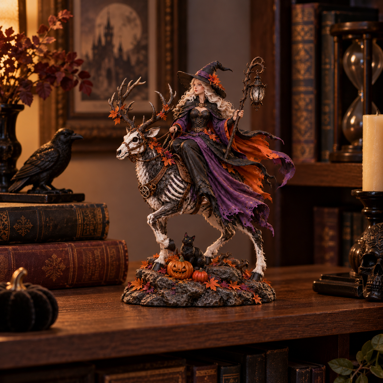 🎃Halloween Witch Riding Skeleton Deer Resin Figurine