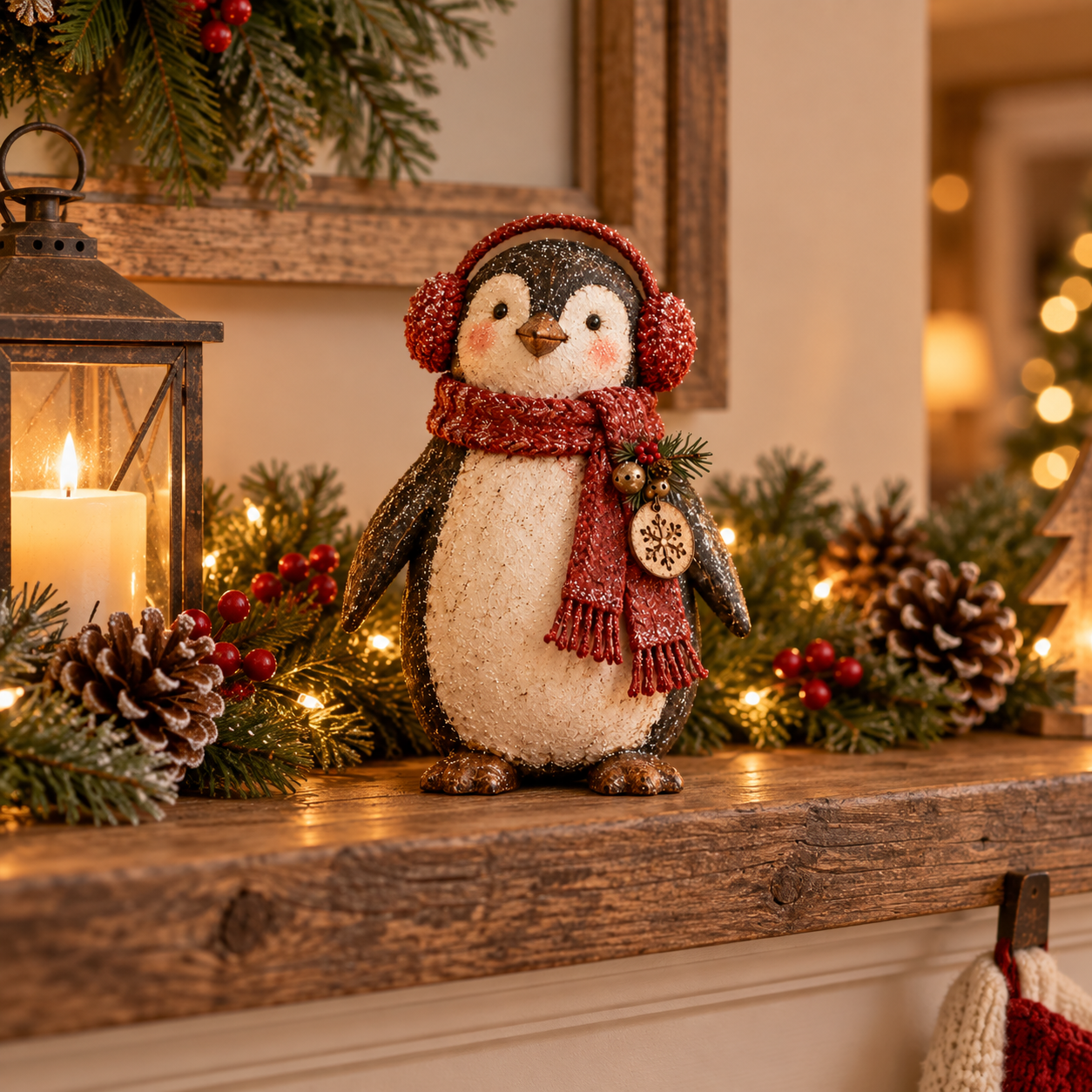 Christmas Penguin Figurine with Red Scarf & Earmuffs 