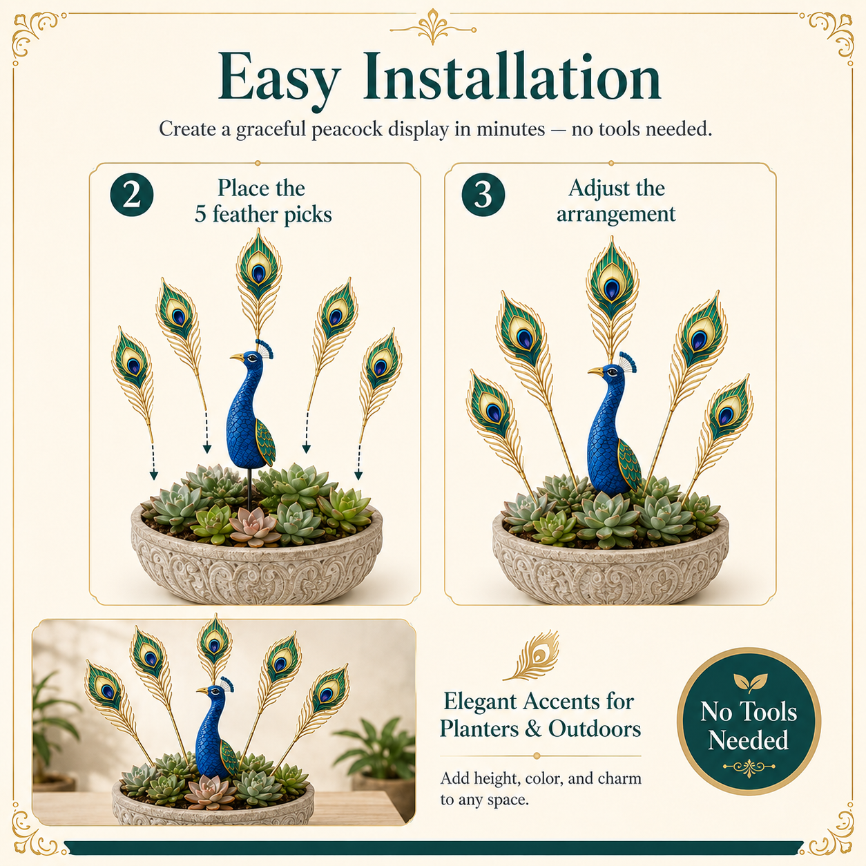 Peacock Resin Plant Decoration Set – 1 Peacock Pick with 5 Decorative Feather Stakes