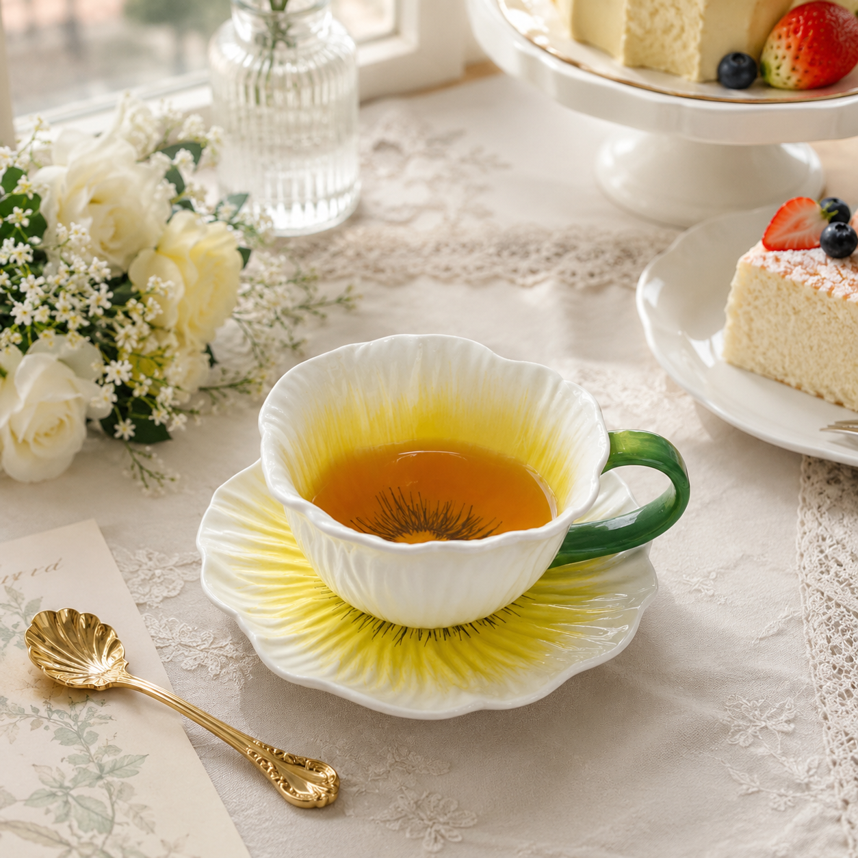 Poppy Flower Shaped Ceramic Coffee Cup and Saucer Set, 10 oz Floral Tea Cup with Matching Plate, Handmade Style Flower Mug for Coffee, Tea, Latte, Cappuccino, Home Decor and Gift