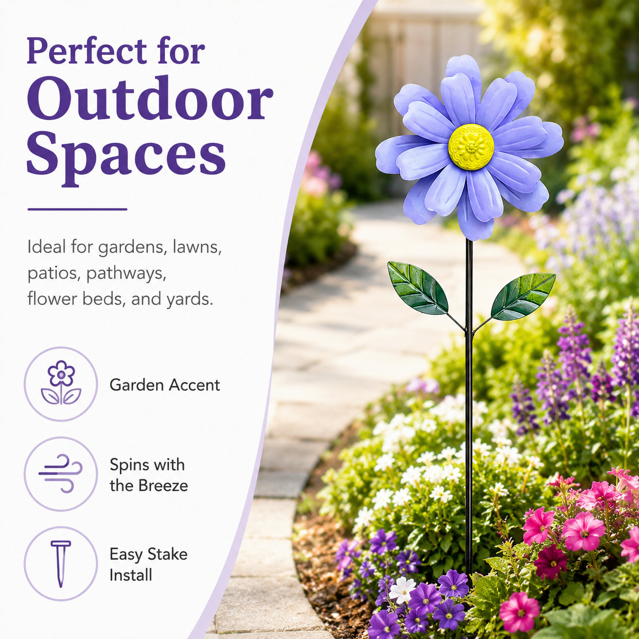Daisy Wind Spinner Garden Stake, Outdoor Flower Pinwheel Yard Decor, Rotating Petal Garden Ornament for Lawn, Patio, Flower Bed and Backyard