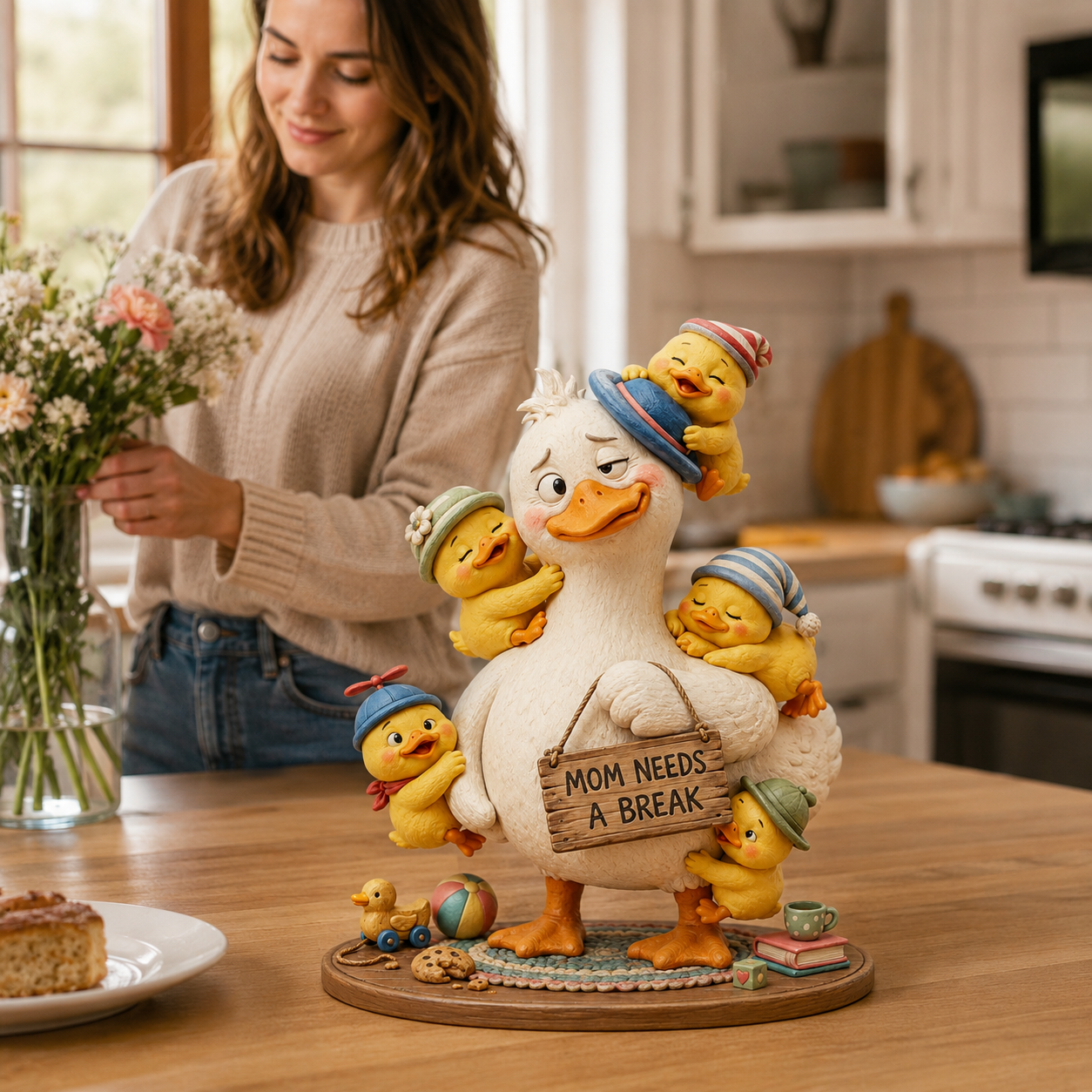 “Mom Needs a Break” Mama Duck & Five Ducklings Resin Figurine – Funny Family Tabletop Decor 💛