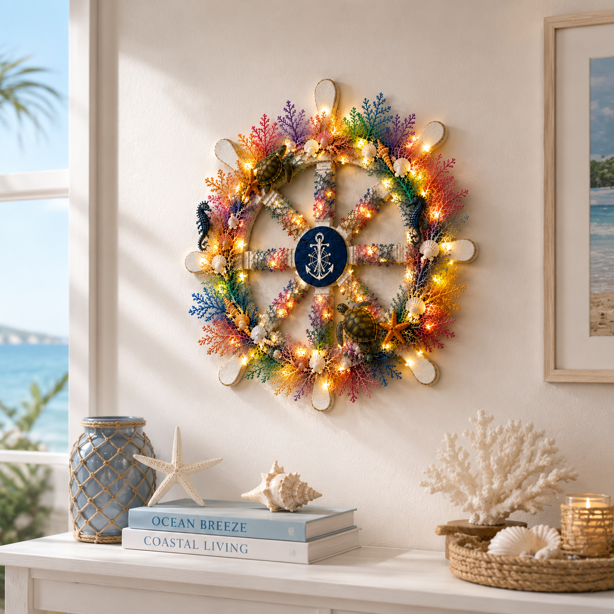 Colorful Ocean Ship Wheel Wall Decor with LED Lights and Remote Control 🌊⚓