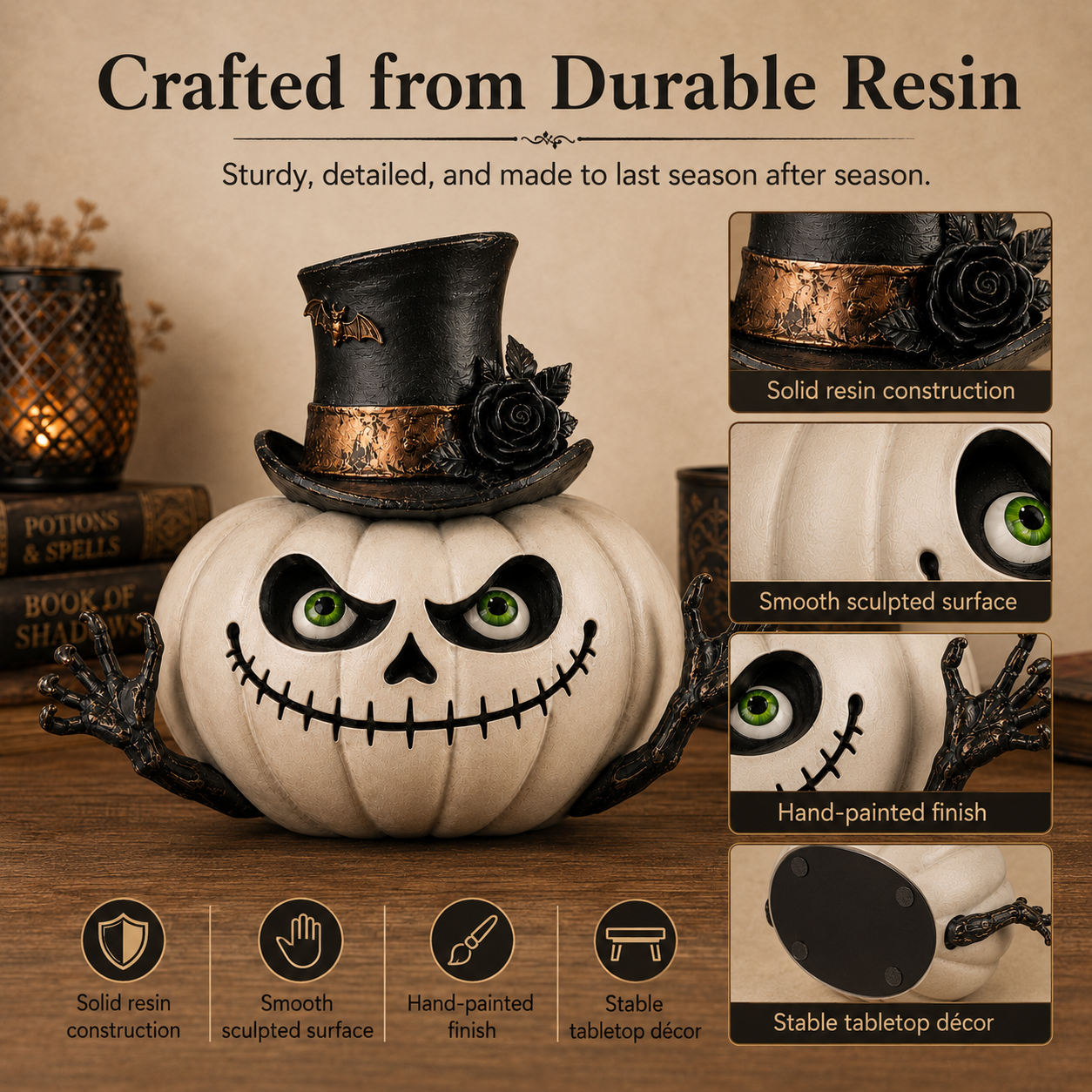 Gothic Top Hat Skull Pumpkin Resin Figurine – Halloween Tabletop Decoration 🦇