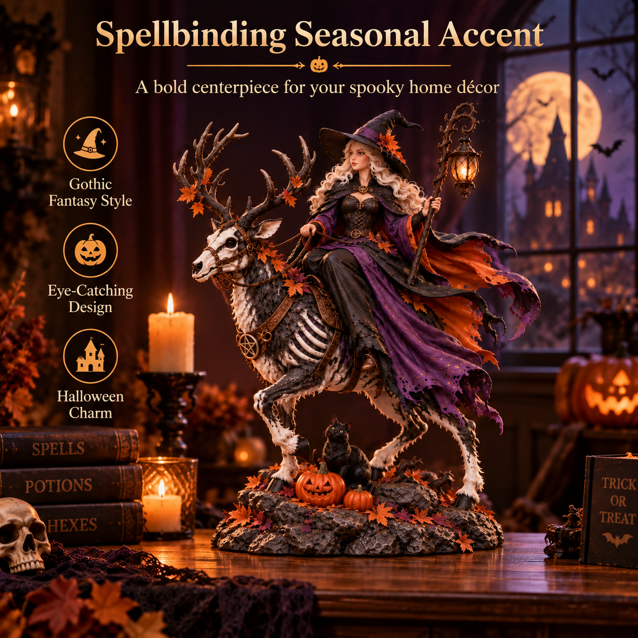 🎃Halloween Witch Riding Skeleton Deer Resin Figurine