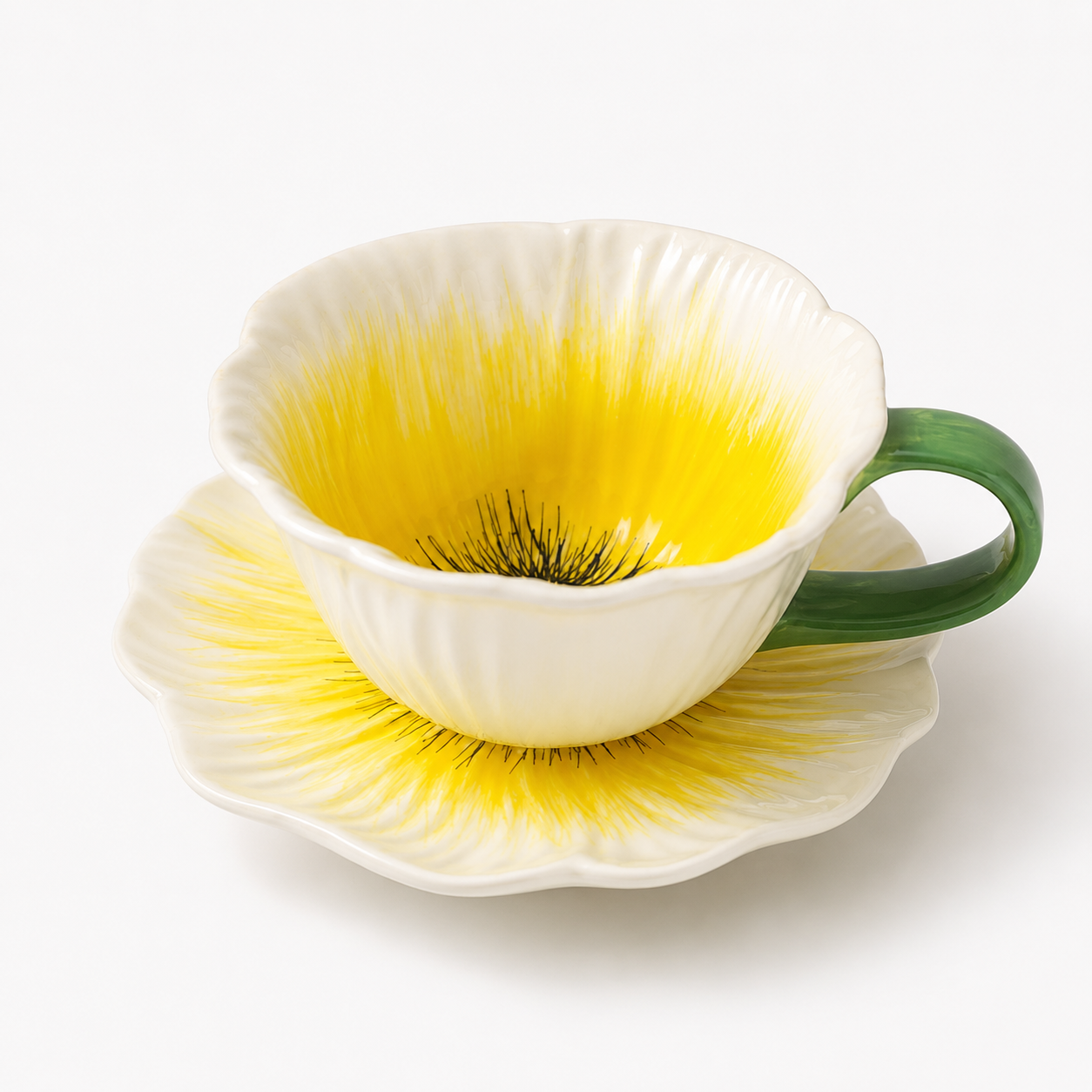 Poppy Flower Shaped Ceramic Coffee Cup and Saucer Set, 10 oz Floral Tea Cup with Matching Plate, Handmade Style Flower Mug for Coffee, Tea, Latte, Cappuccino, Home Decor and Gift