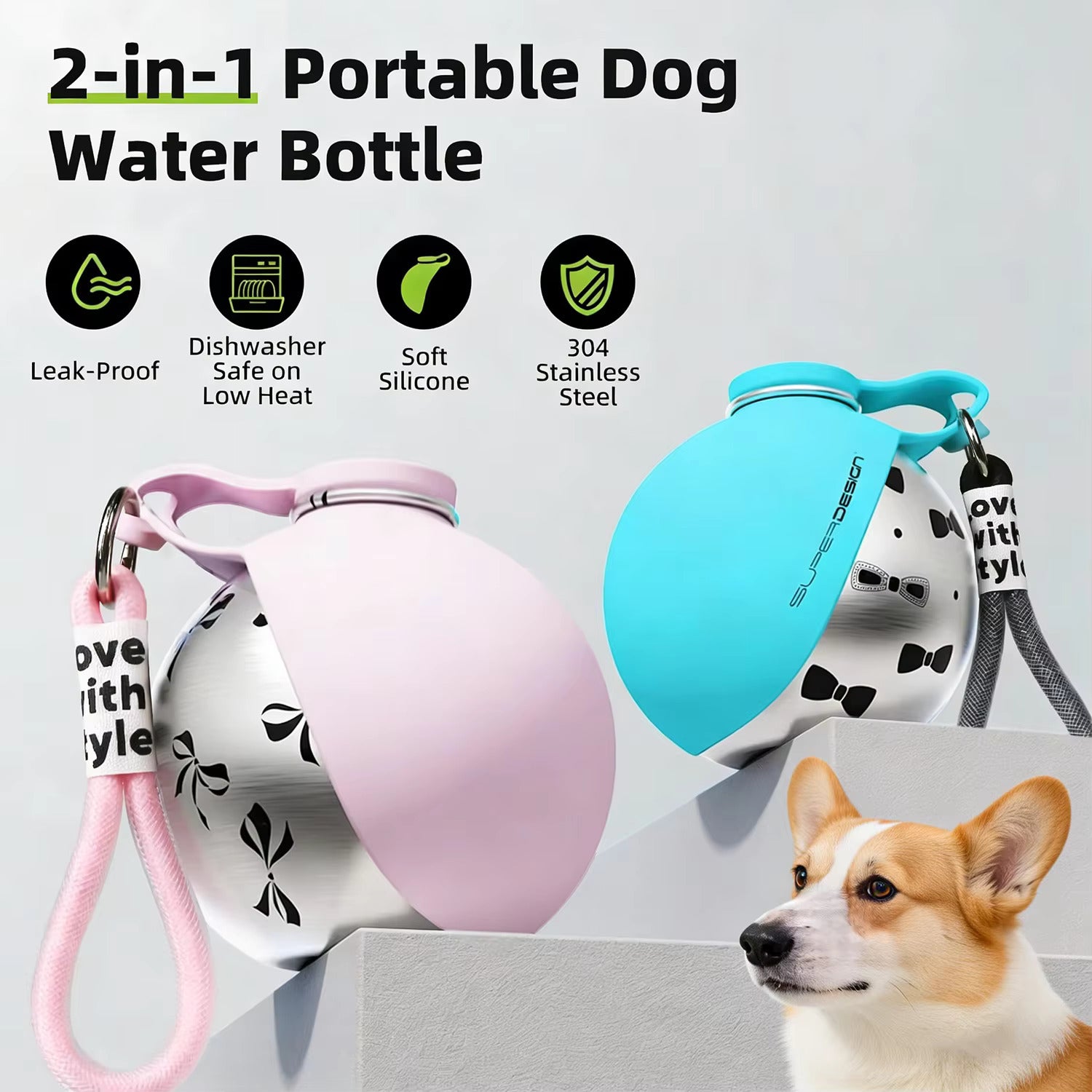 2-in-1 Portable Dog Water Bottle for Small Dogs - Leak-Proo