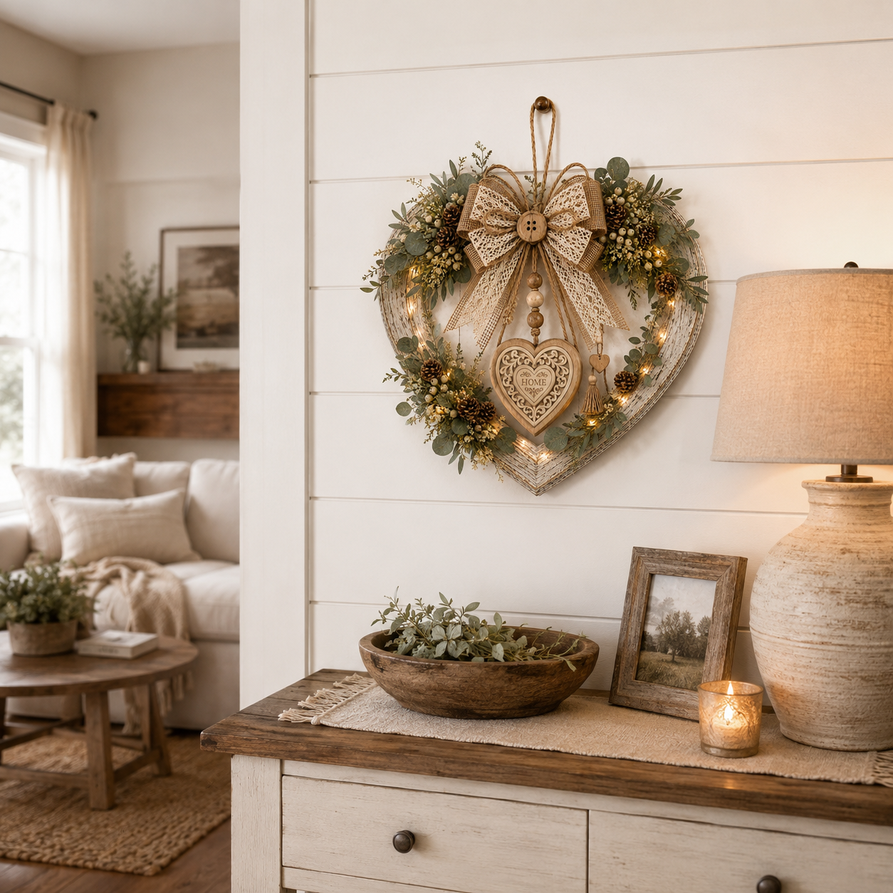 Lighted Rustic Heart-Shaped Door Wreath – Farmhouse Eucalyptus Home Décor 💚✨