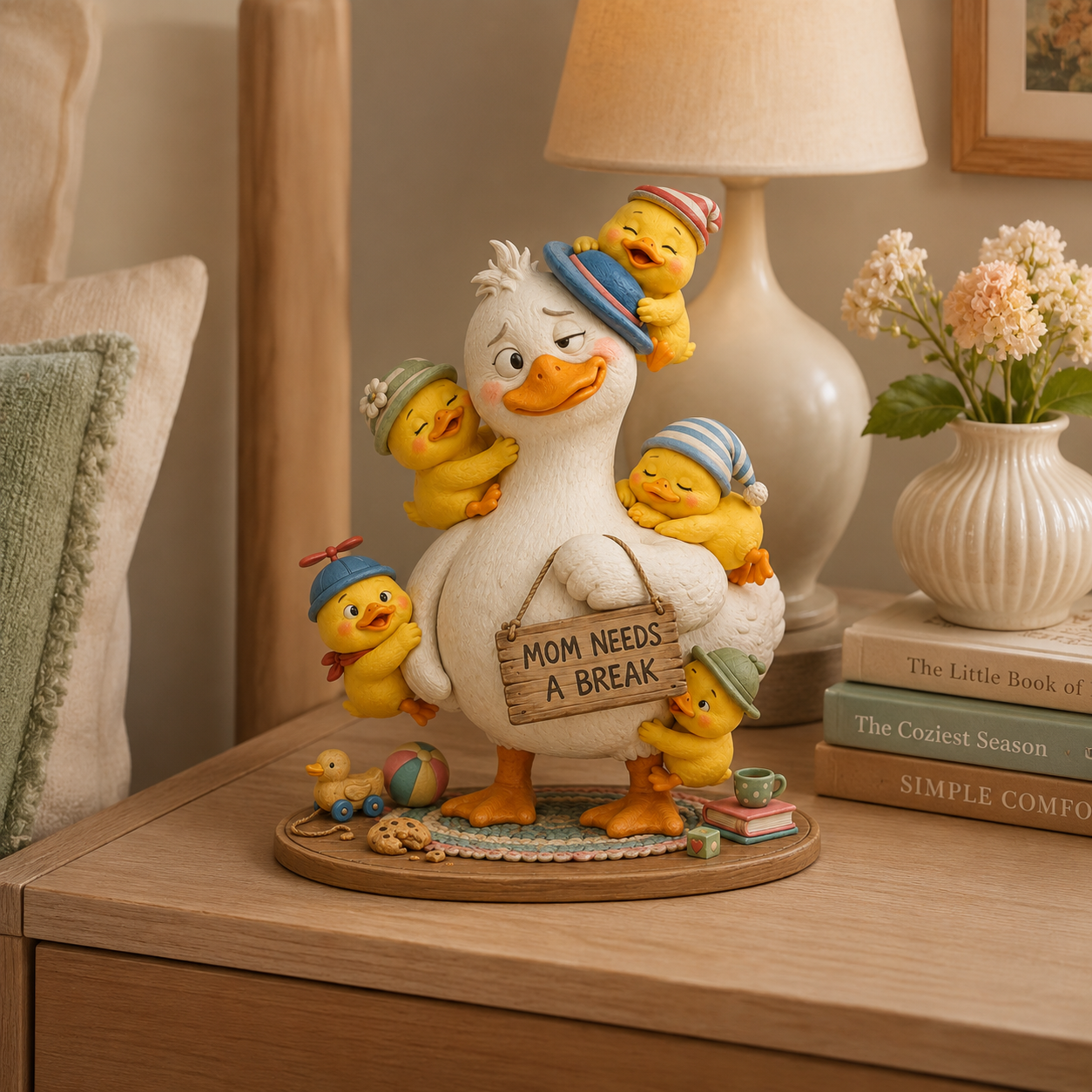“Mom Needs a Break” Mama Duck & Five Ducklings Resin Figurine – Funny Family Tabletop Decor 💛