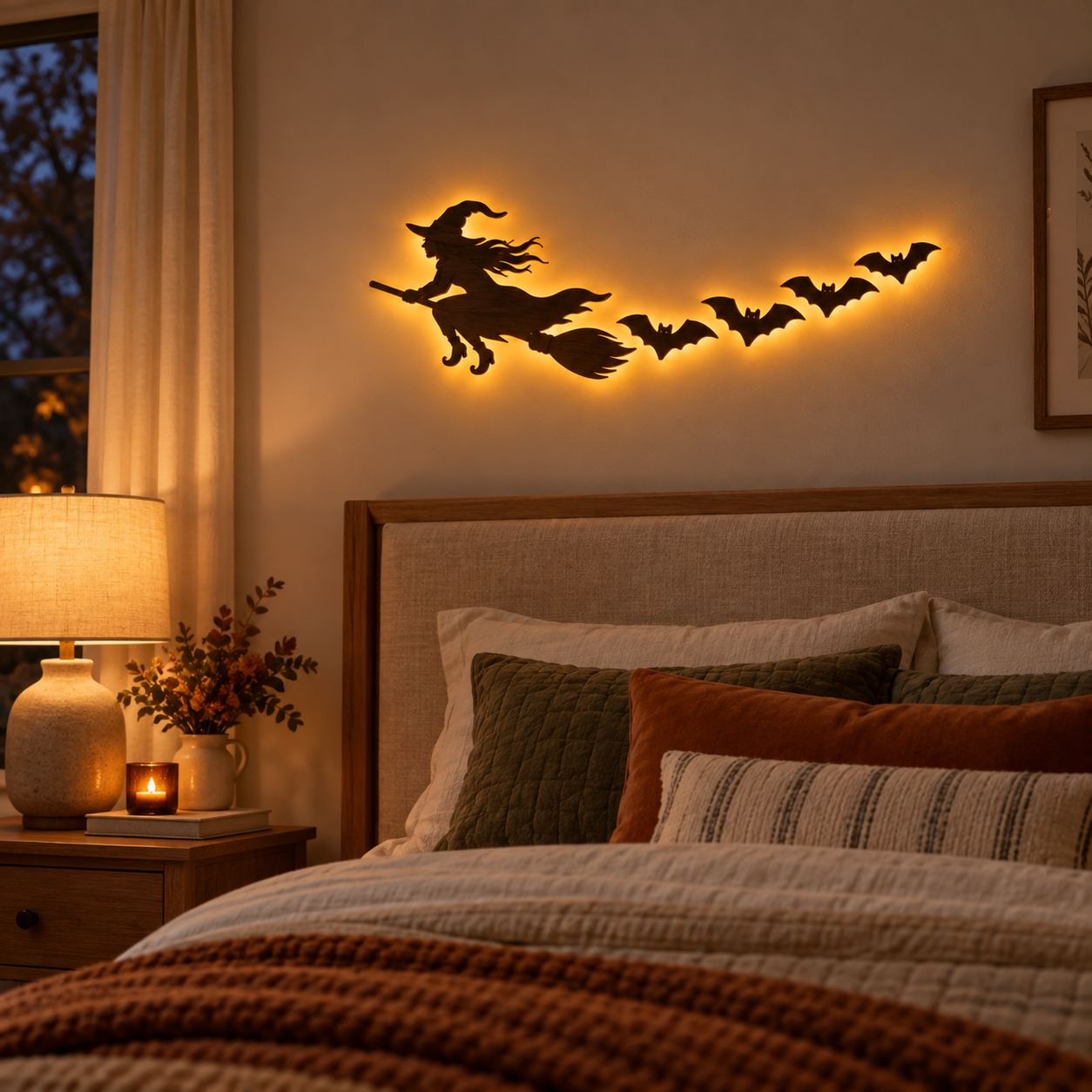 🎃 5-Piece Halloween Lighted Wall Decor Set – Flying Witch & Bats with Remote Control