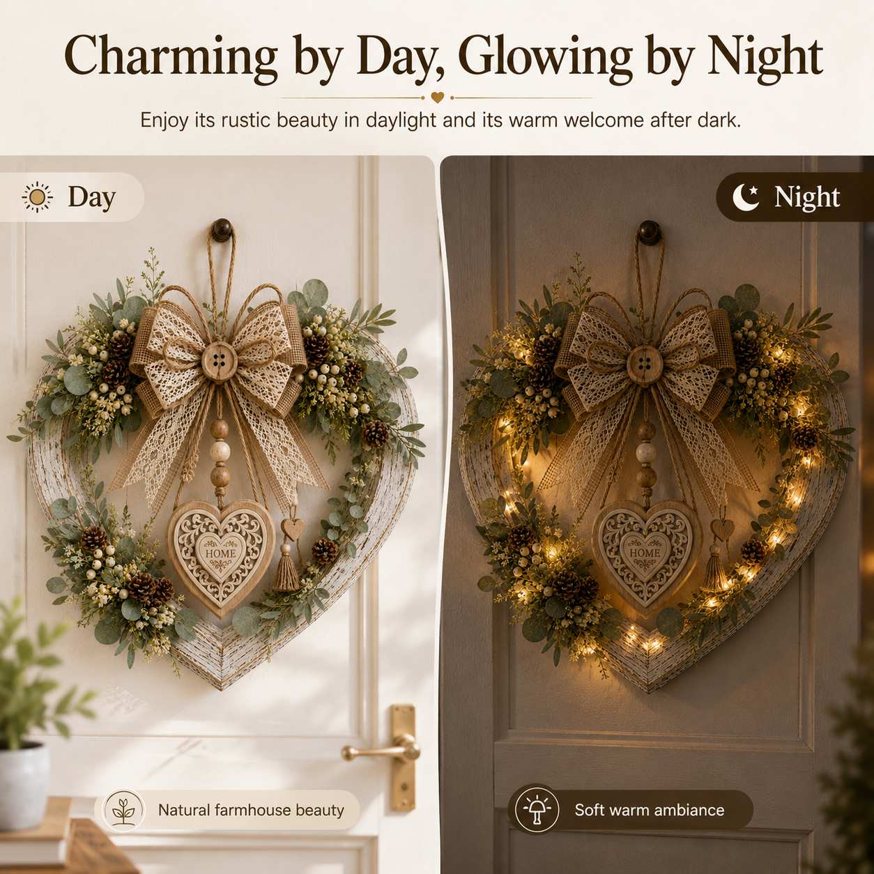 Lighted Rustic Heart-Shaped Door Wreath – Farmhouse Eucalyptus Home Décor 💚✨