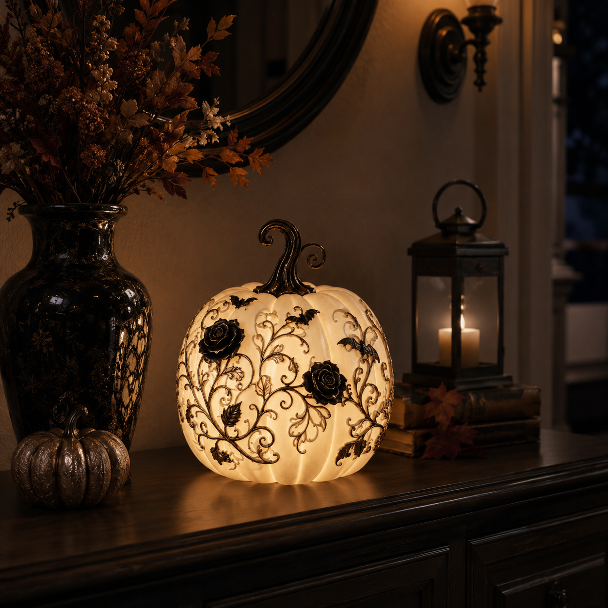 Gothic Rose Pumpkin Light – Remote-Controlled Halloween Resin Tabletop Décor 🦇
