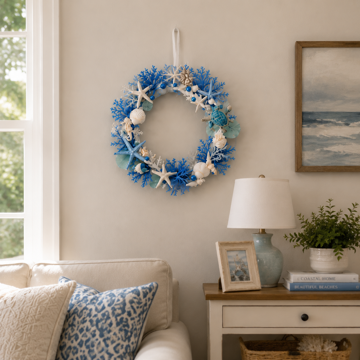 Ocean Breeze Coastal Wreath with LED Lights – Blue Sea Turtle & Seashell Resin Door Hanging Decor 🐢✨