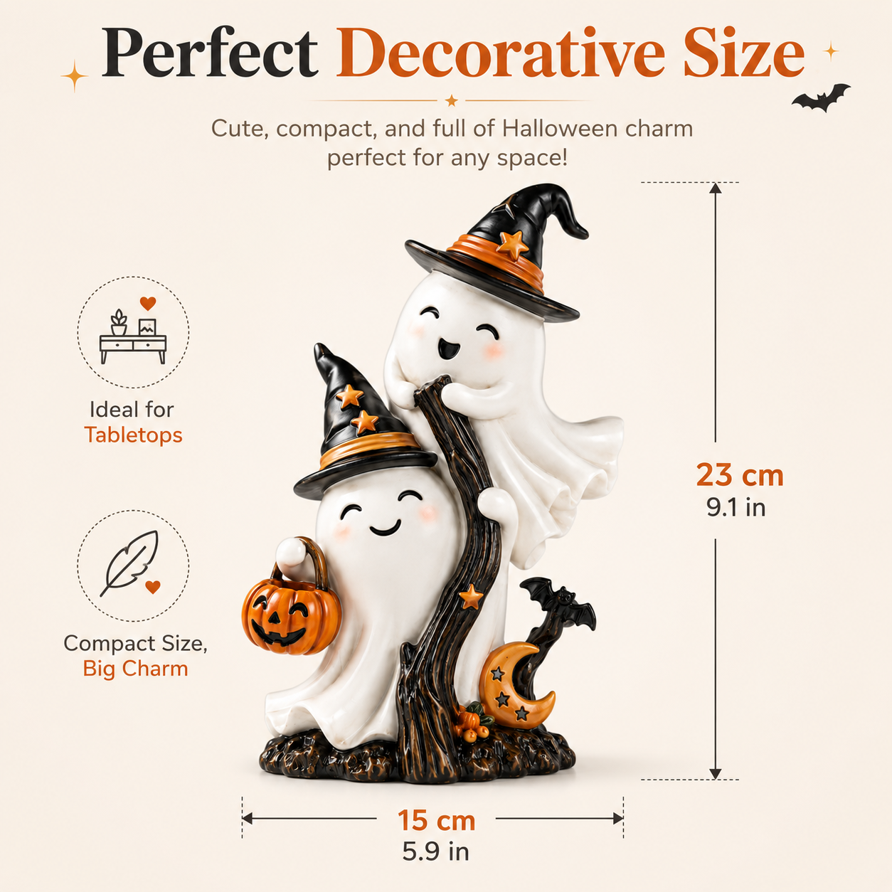Cute Double Ghost Halloween Resin Figurine with Witch Hats and Pumpkin Bucket 🧙‍♀️✨