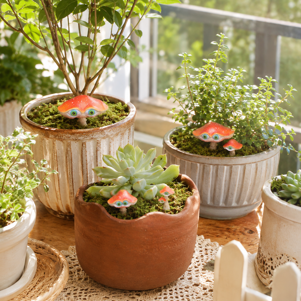 3-Piece Big-Eyed Mushroom Resin Garden Stakes – Whimsical Fairy Garden Decorations
