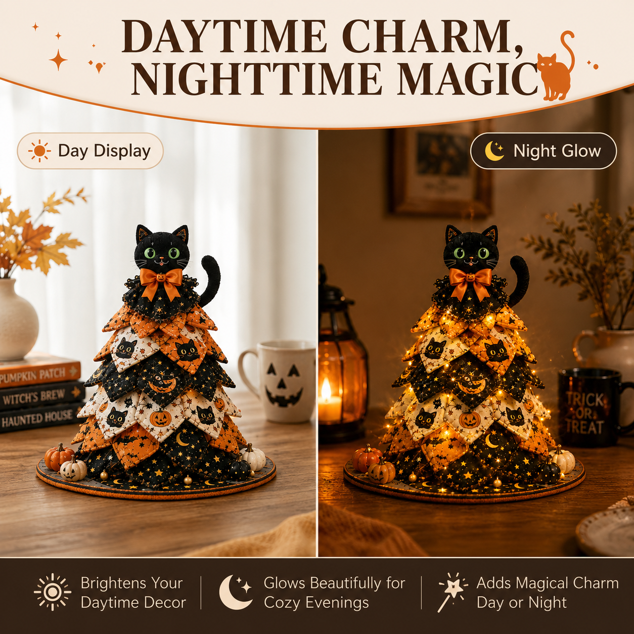 Light-Up Halloween Black Cat Fabric Tree Decoration with Remote Control 🐈‍⬛🎃✨