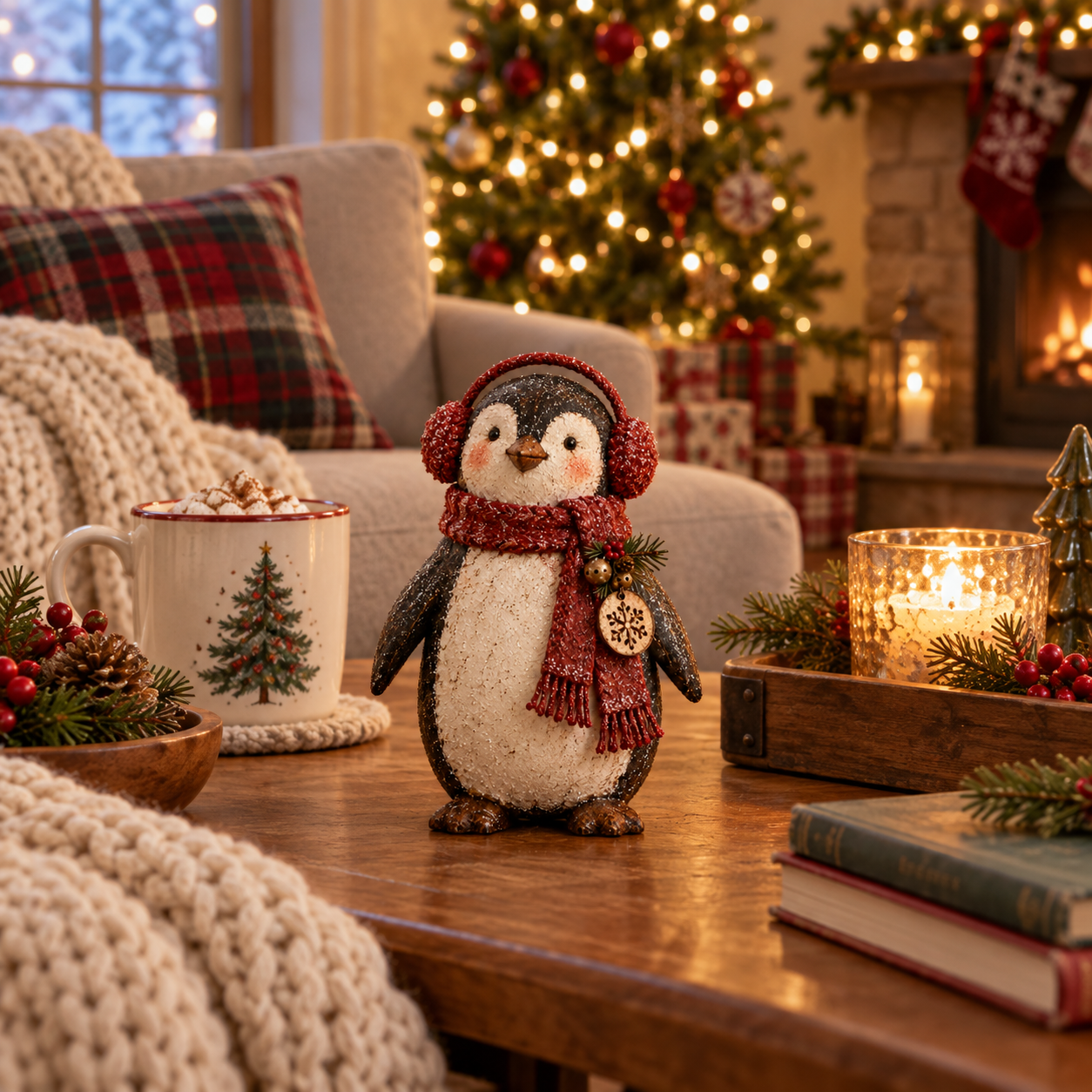 Christmas Penguin Figurine with Red Scarf & Earmuffs 