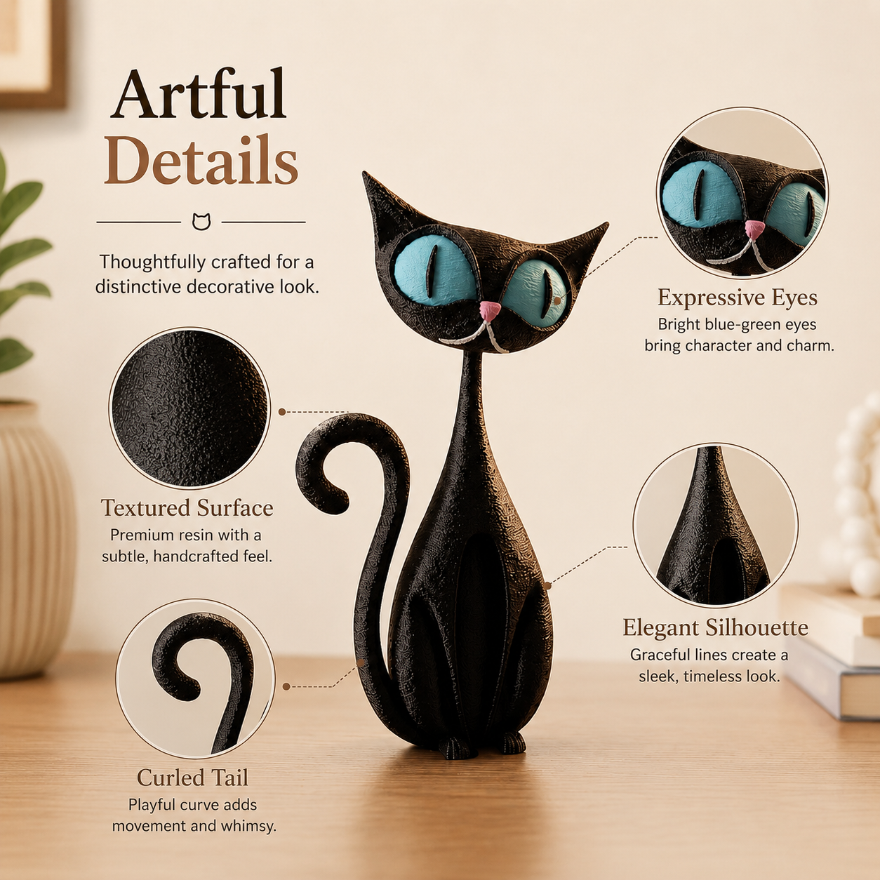 Whimsical Big-Eyed Black Cat Resin Figurine 🐈‍⬛✨
