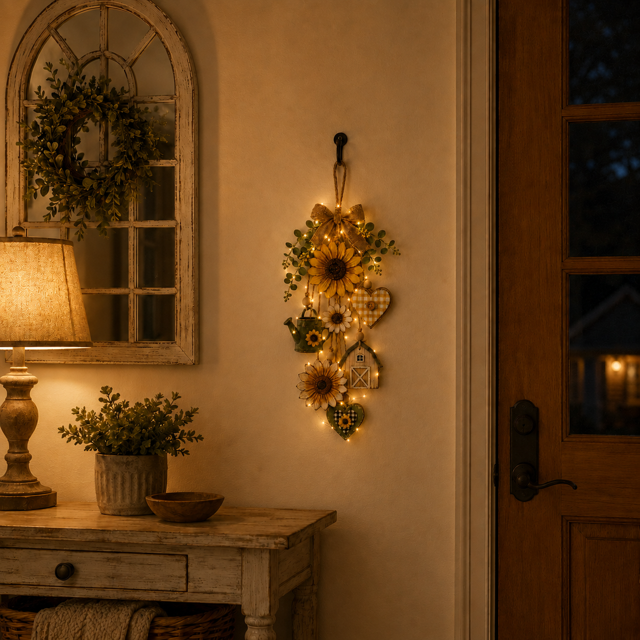 Rustic Wooden Garden-Themed Hanging Ornament with Remote Control Fairy Lights