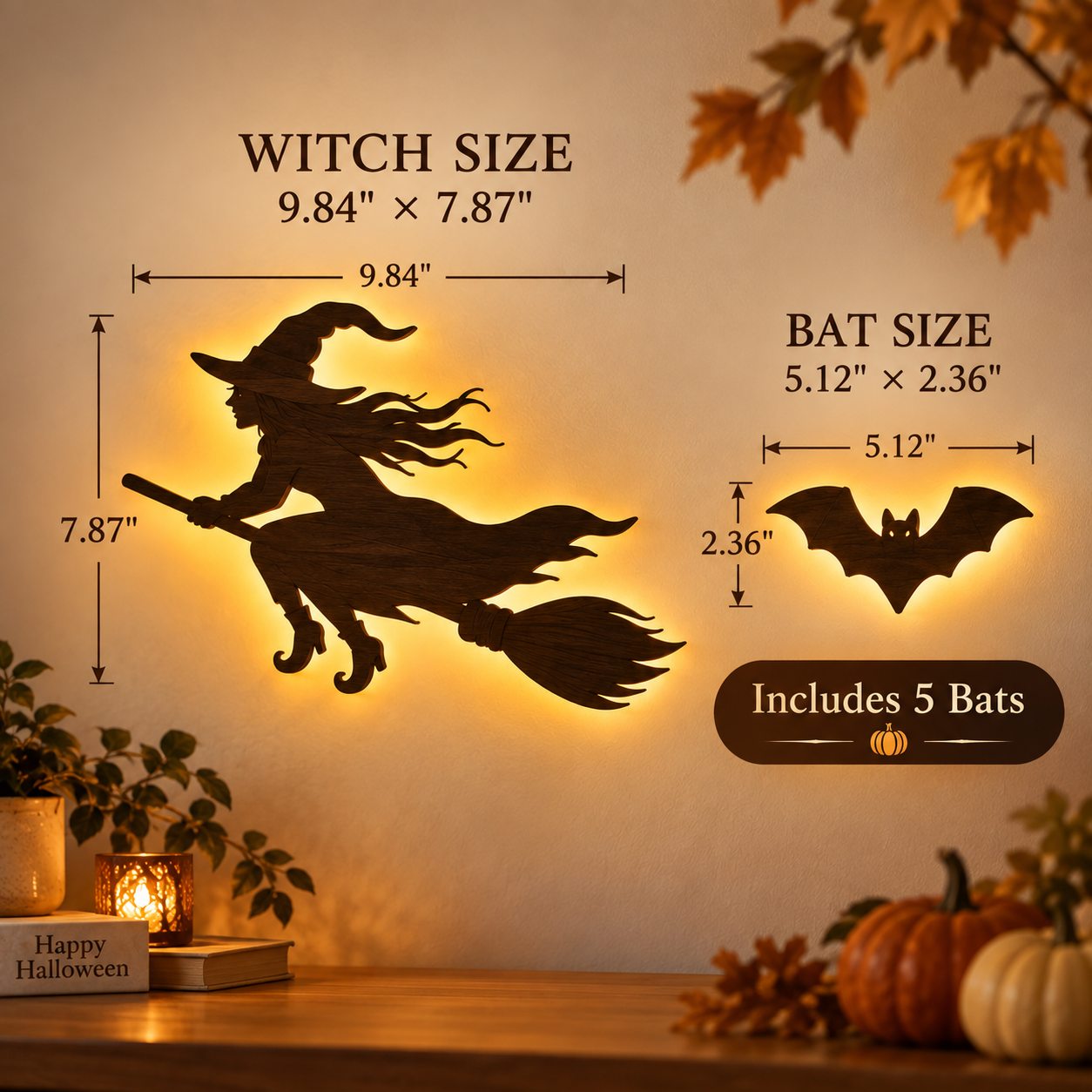 🎃 5-Piece Halloween Lighted Wall Decor Set – Flying Witch & Bats with Remote Control