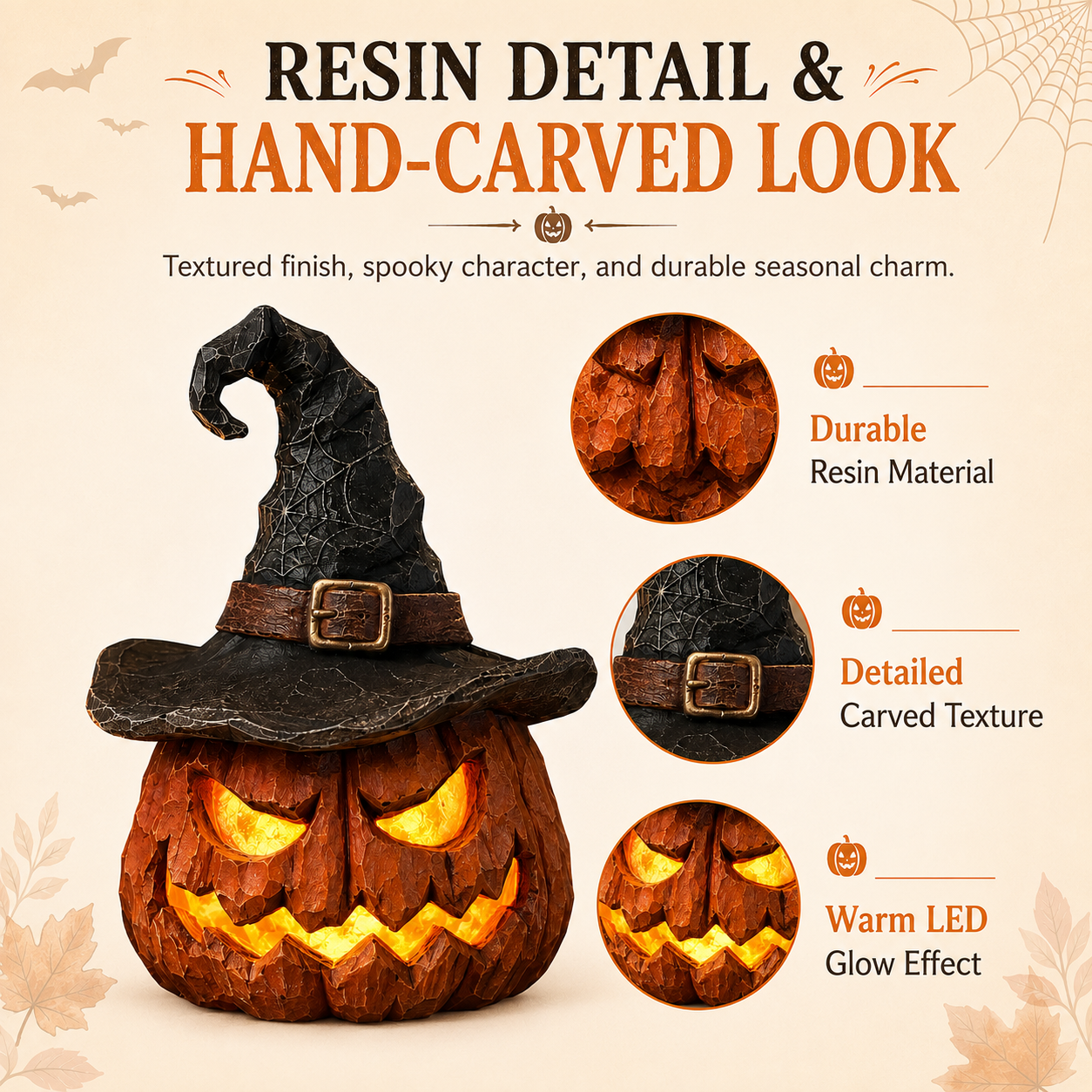 🎃 Light-Up Witch Hat Pumpkin Decoration – Remote-Controlled Halloween Resin Jack-O’-Lantern with LED Glow
