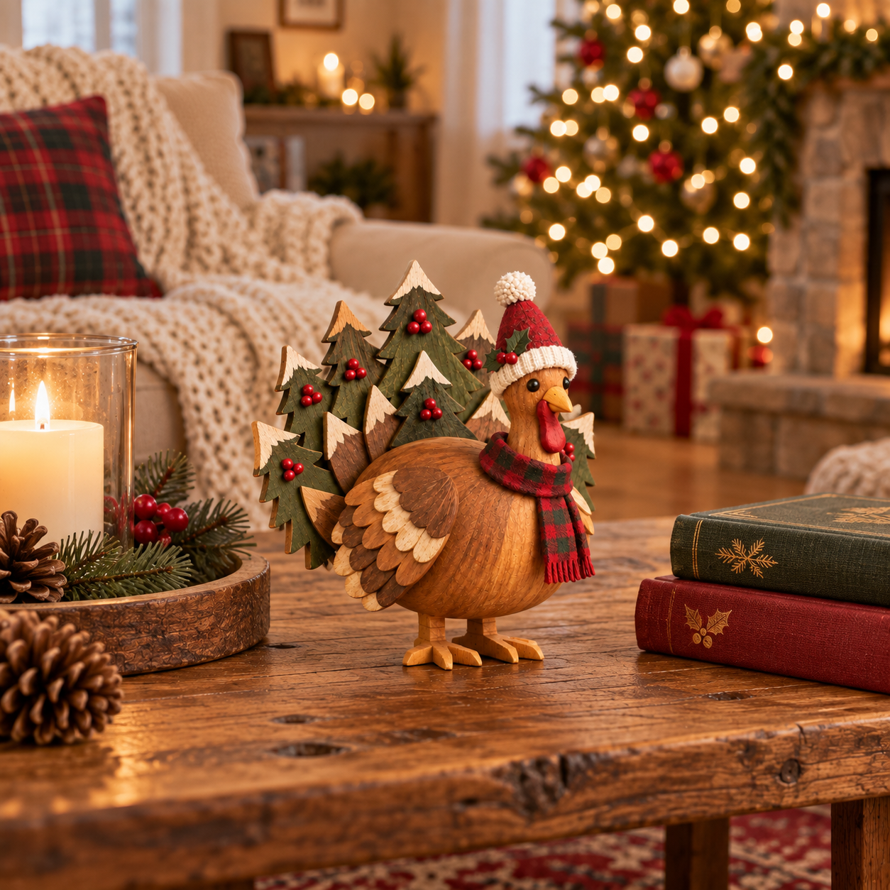 Rustic Wooden Christmas Turkey Figurine with Santa Hat🦃🎄