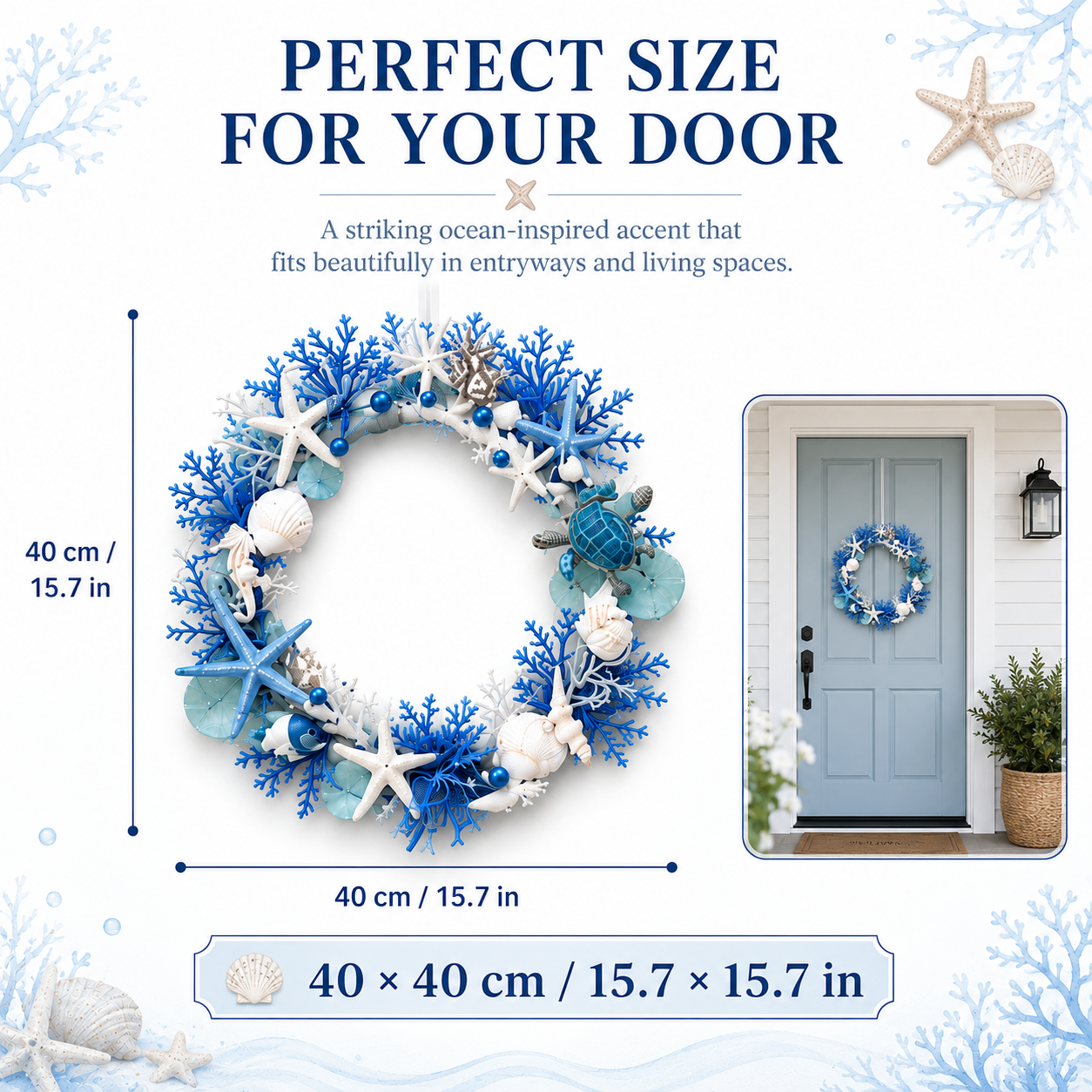 Ocean Breeze Coastal Wreath with LED Lights – Blue Sea Turtle & Seashell Resin Door Hanging Decor 🐢✨