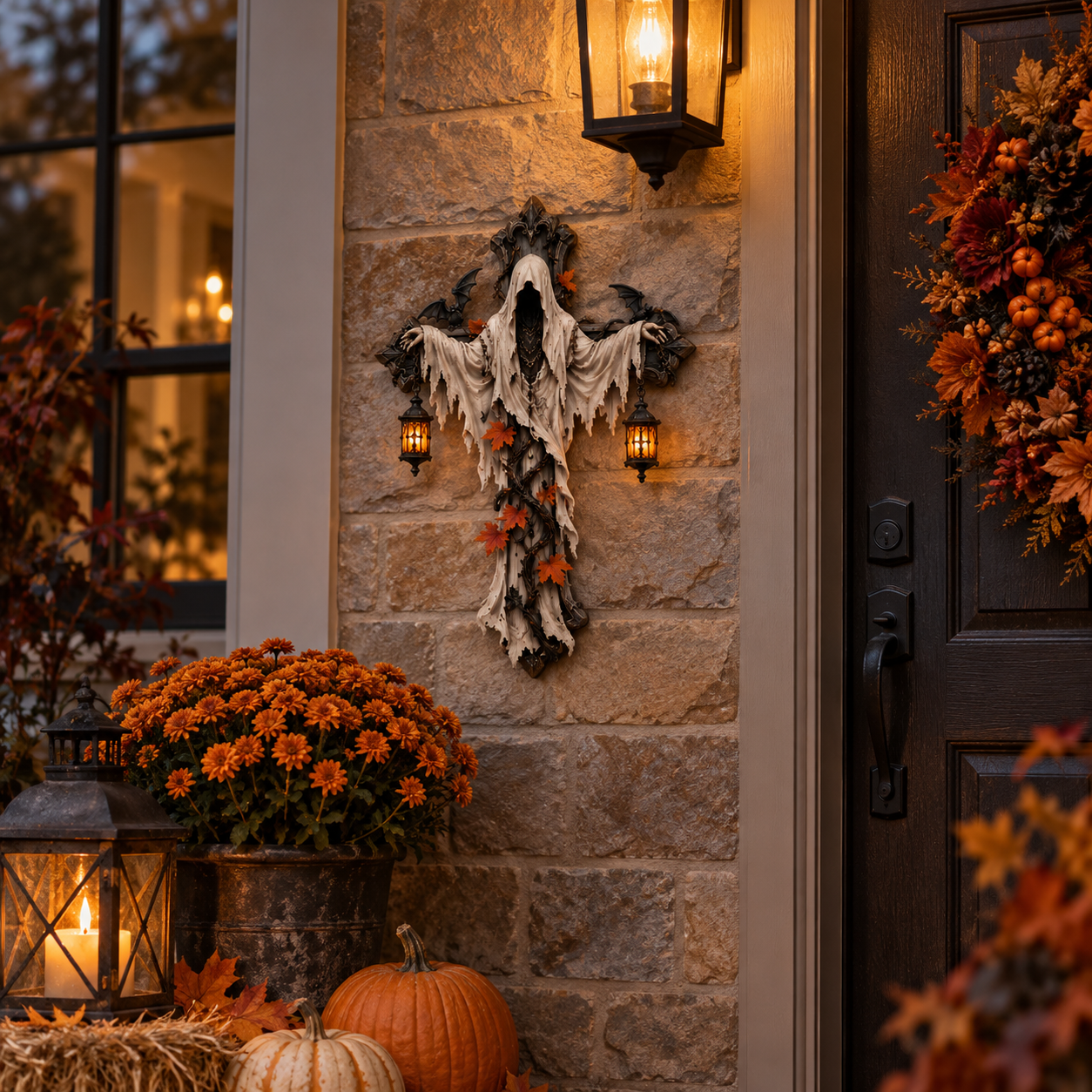 Lighted Halloween Ghost Cross Wall Decor