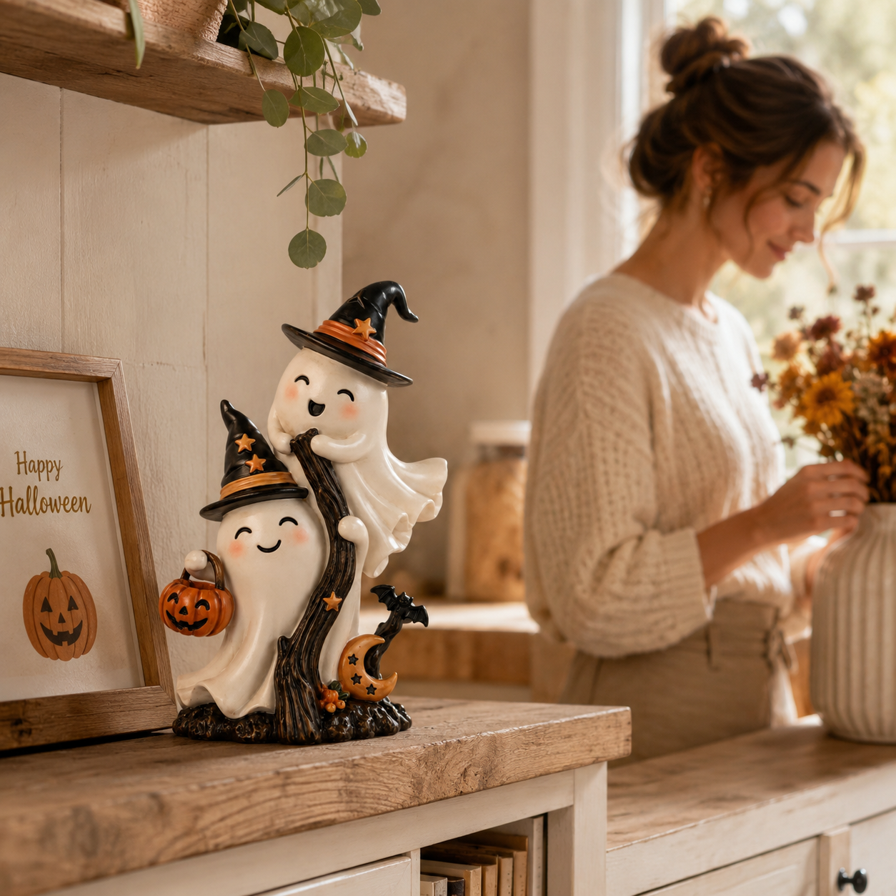 Cute Double Ghost Halloween Resin Figurine with Witch Hats and Pumpkin Bucket 🧙‍♀️✨