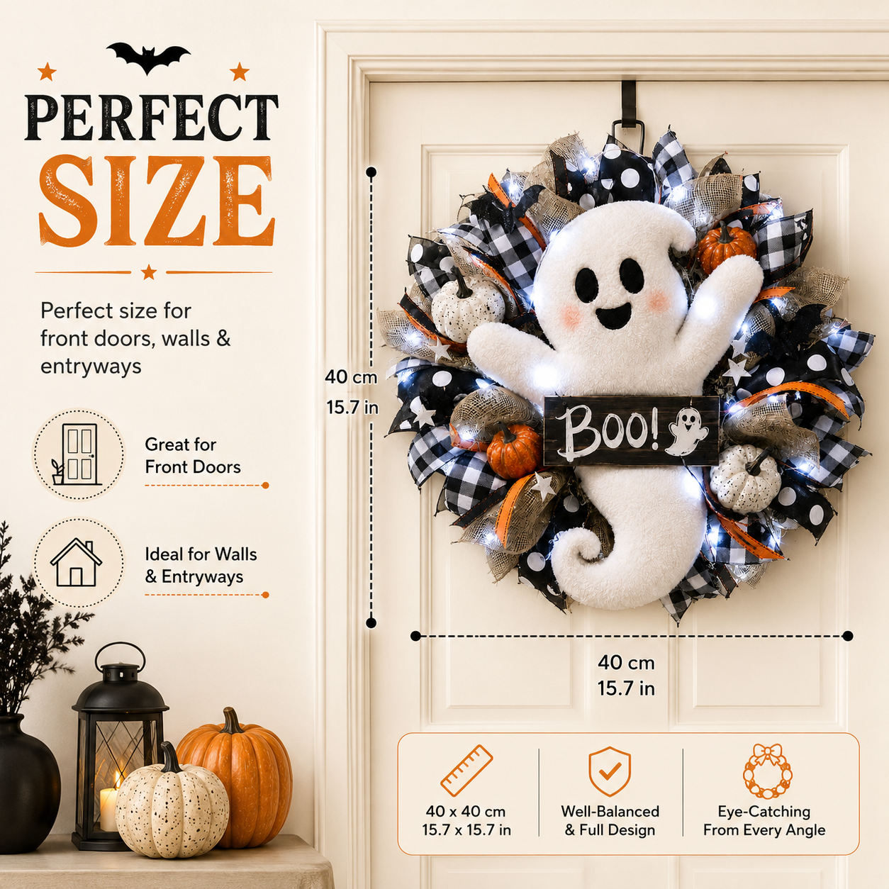 Lighted Halloween Ghost Wreath – 15.7-Inch Remote-Controlled Front Door Decoration 👻