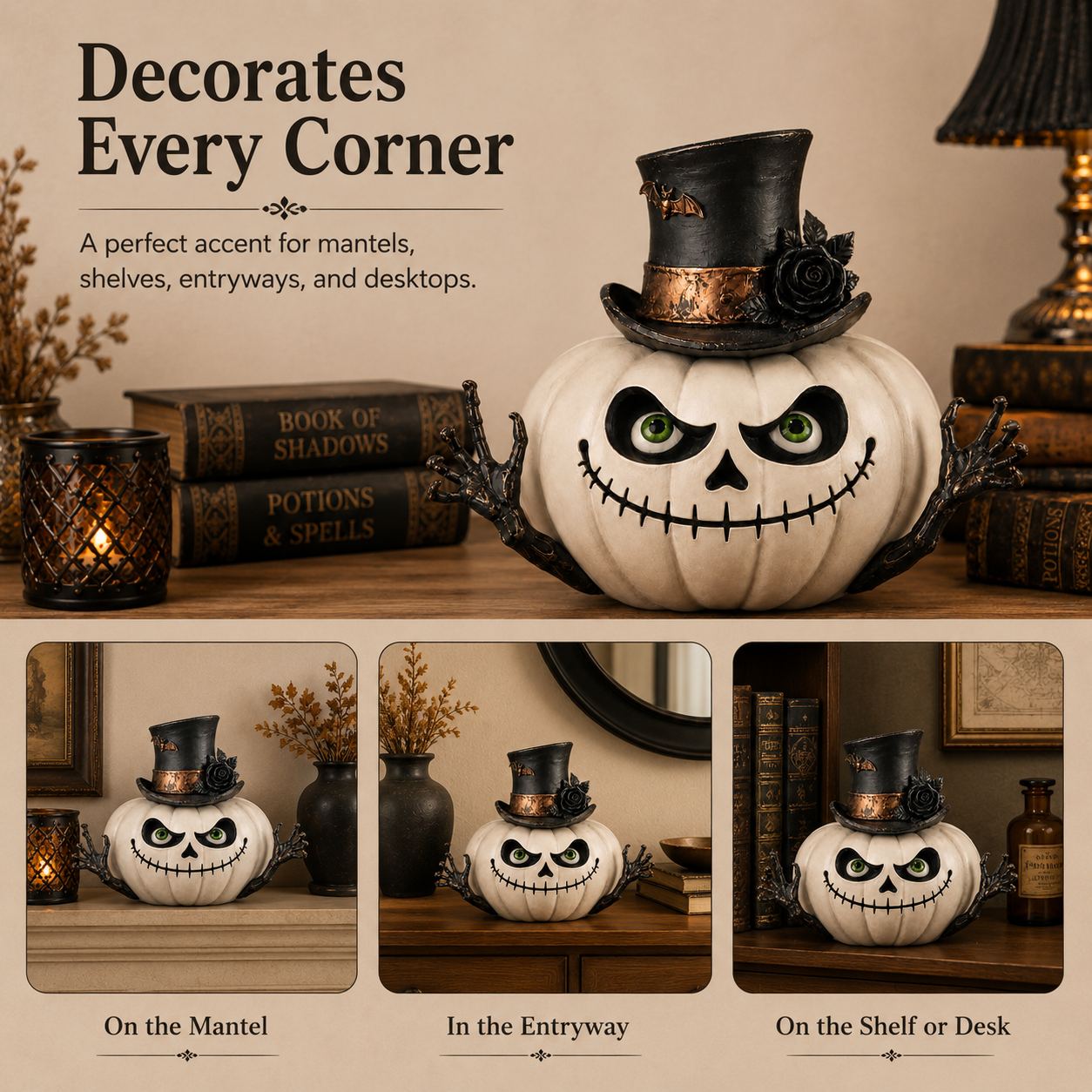 Gothic Top Hat Skull Pumpkin Resin Figurine – Halloween Tabletop Decoration 🦇