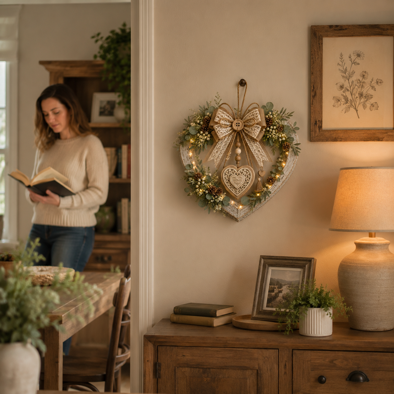 Lighted Rustic Heart-Shaped Door Wreath – Farmhouse Eucalyptus Home Décor 💚✨