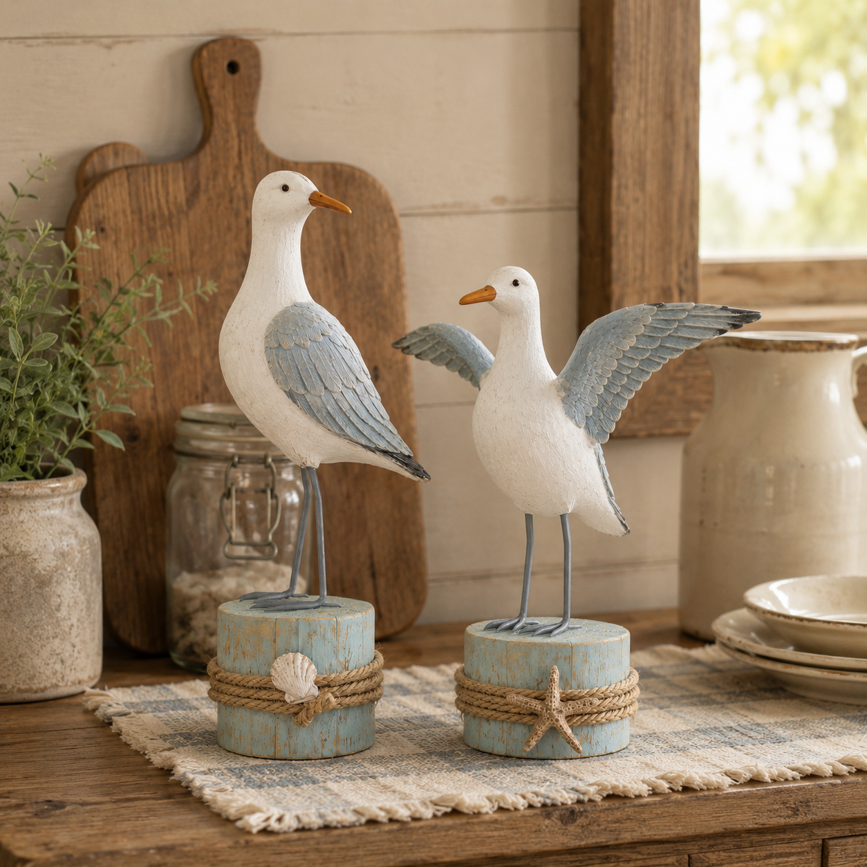 🌊 Set of 2 Seagull Figurines – Coastal Resin Bird Decor with Beach-Inspired Details for Tabletop Home Accents
