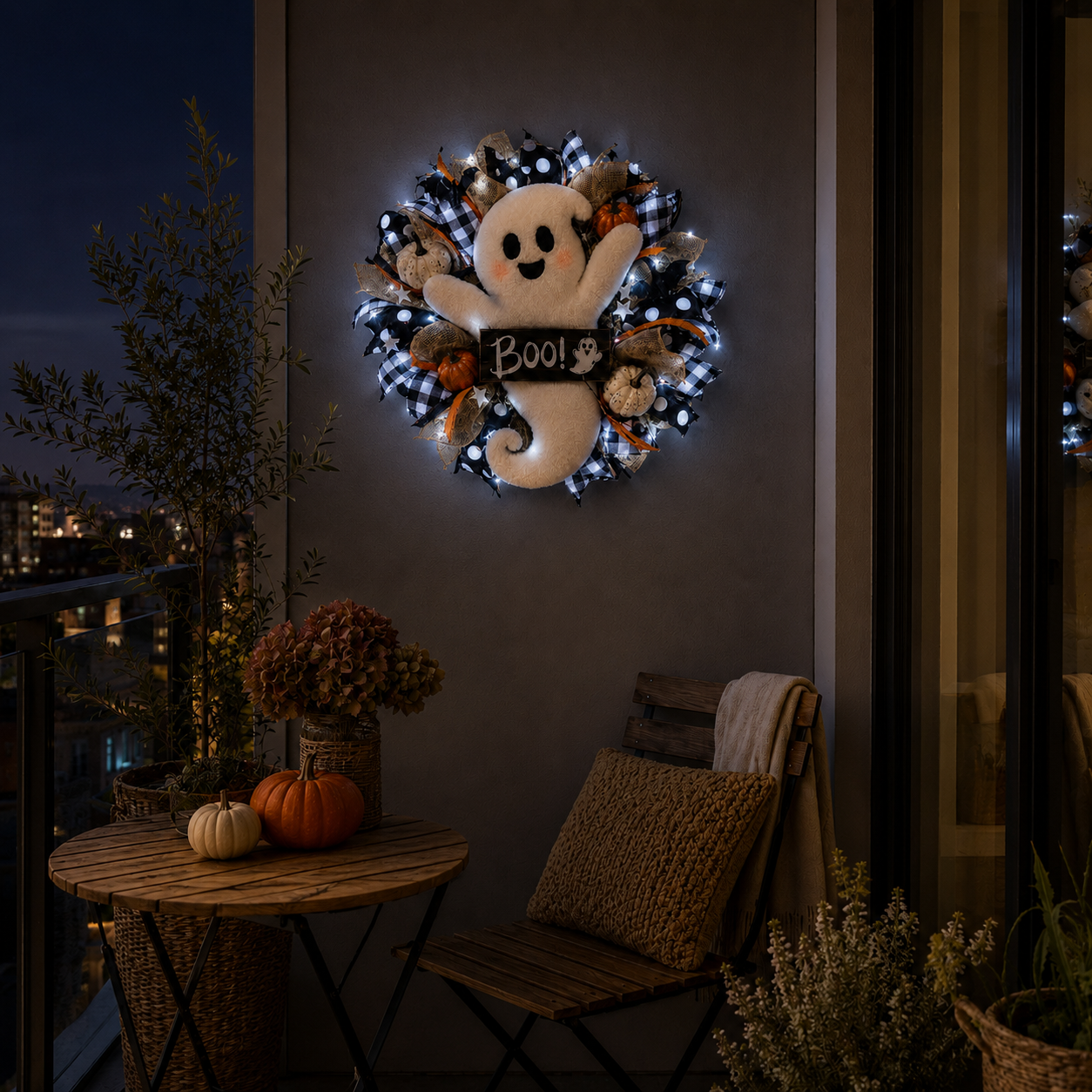 Lighted Halloween Ghost Wreath – 15.7-Inch Remote-Controlled Front Door Decoration 👻